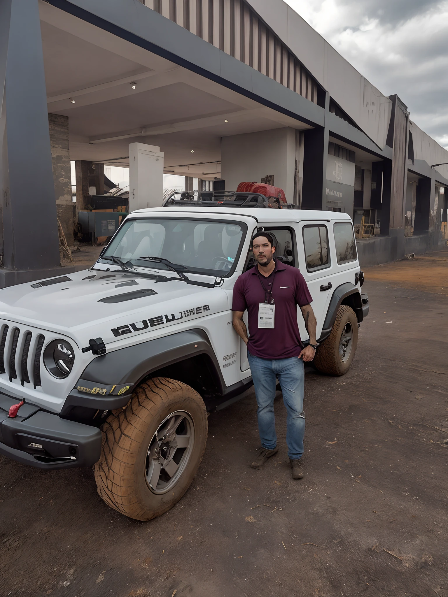 Arafed man standing next to a white jeep in front of a building, jipe wrangler, Jeep no fundo, 2 0 1 9, 2019, jipe, 2018, por Julius como se, 2 0 1 8, Directed by: Jeffrey Smith, Directed by: Joseph Pisani, obra-prima obra de arte, by John Luke
