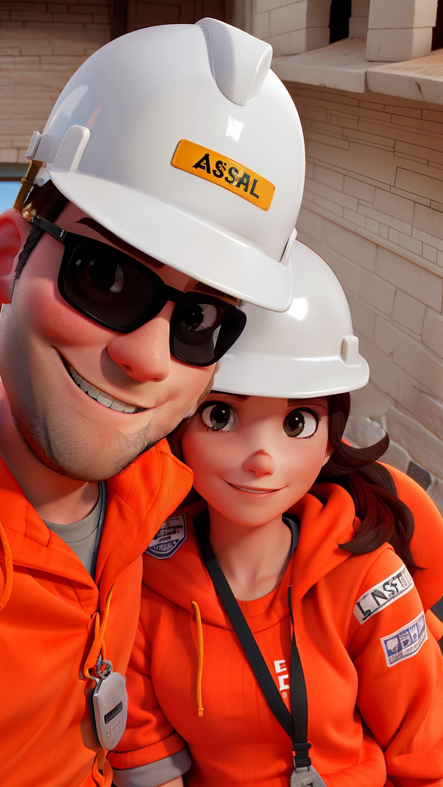 A couple wearing a hard hat. A mulher possui sardas no rosto.