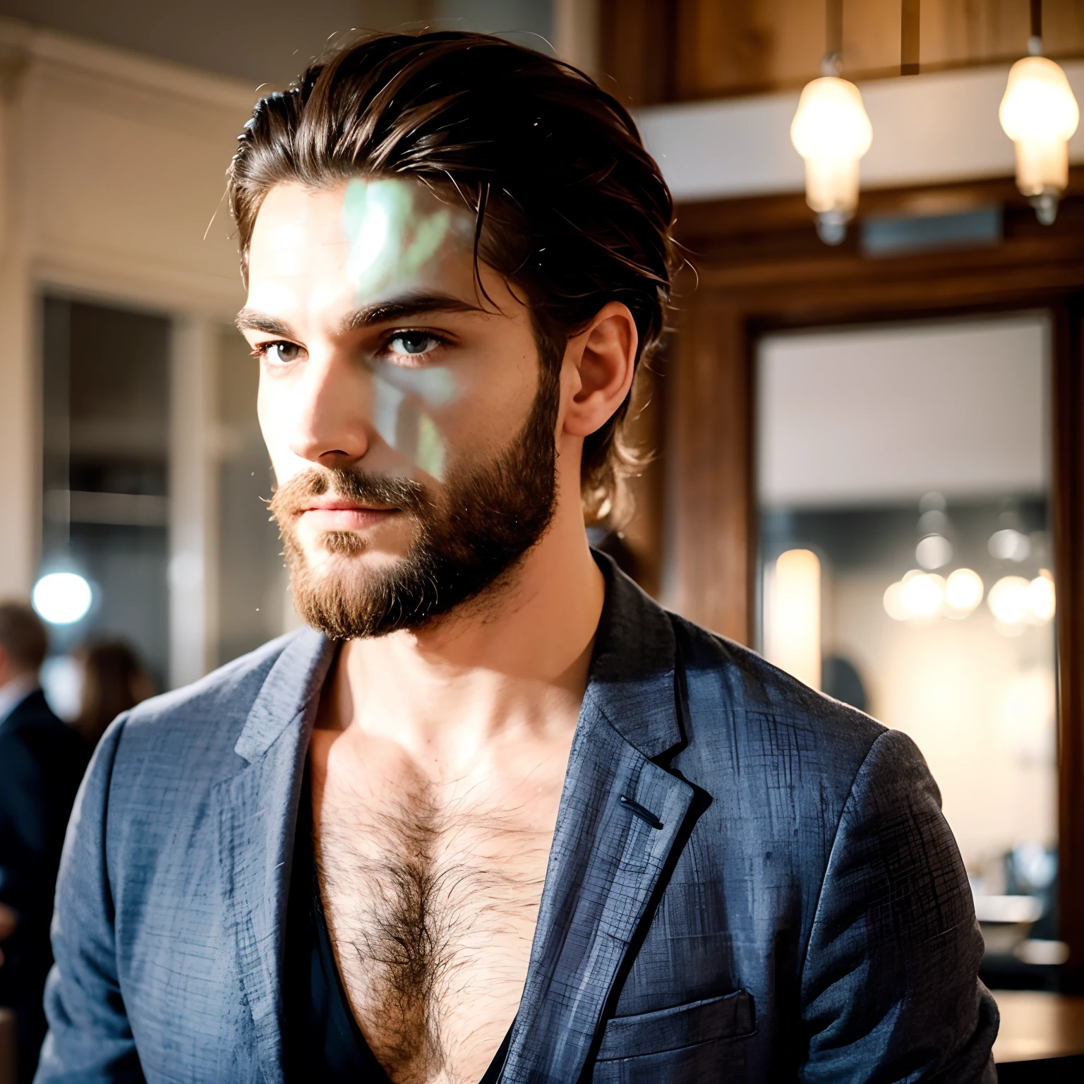 Homme cheveux brun, une coupe dégradé bas avec des yeux brun, grand, 1m73 visage charmeur tenue street assis sur un canapé