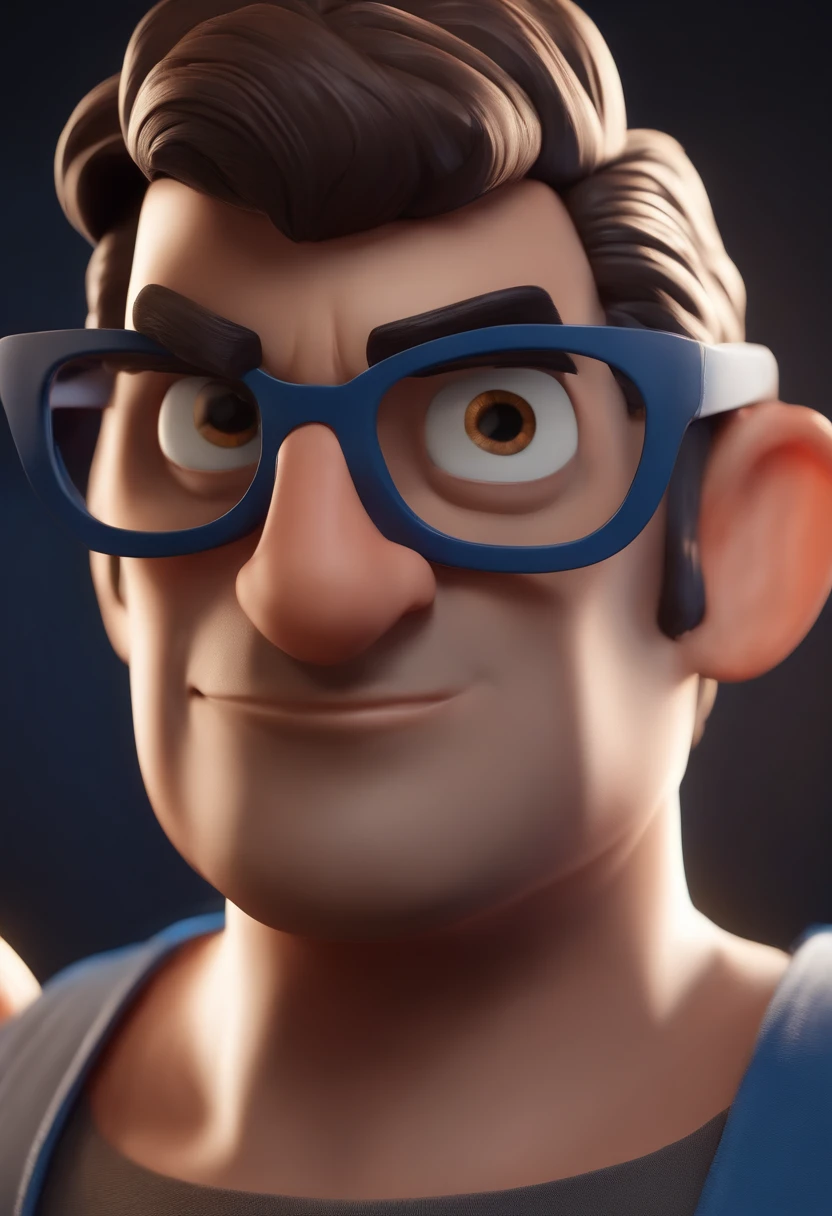 Cartoon character of a man with black glasses, cabelo cacheado marrom escuro e uma camisa azul, animation character, Caractere estilizado, animation style rendering, 3D estilizado, Arnold Maya render, 3 d render stylized, toon render keyshot, Personagem 3D, Personagem 3D, 3d rendering stylized, 3 d character render, personagem de desenho animado, Personagem de close up, Pose de personagem,  (Estilo Pixar) (master part:1.2) (Bokeh) (best quality) (pele detalhada) (textura detalhada) (8k) (argila) (Cinematic lighting) (foco nítido