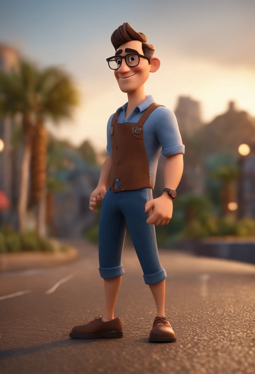 Cartoon character of a man with black glasses, cabelo cacheado marrom escuro e uma camisa azul, animation character, Caractere estilizado, animation style rendering, 3D estilizado, Arnold Maya render, 3 d render stylized, toon render keyshot, Personagem 3D, Personagem 3D, 3d rendering stylized, 3 d character render, personagem de desenho animado, Personagem de close up, Pose de personagem, (Estilo Pixar) (master part:1.2) (Bokeh) (best quality) (pele detalhada) (textura detalhada) (8k) (argila) (Cinematic lighting) (foco nítido