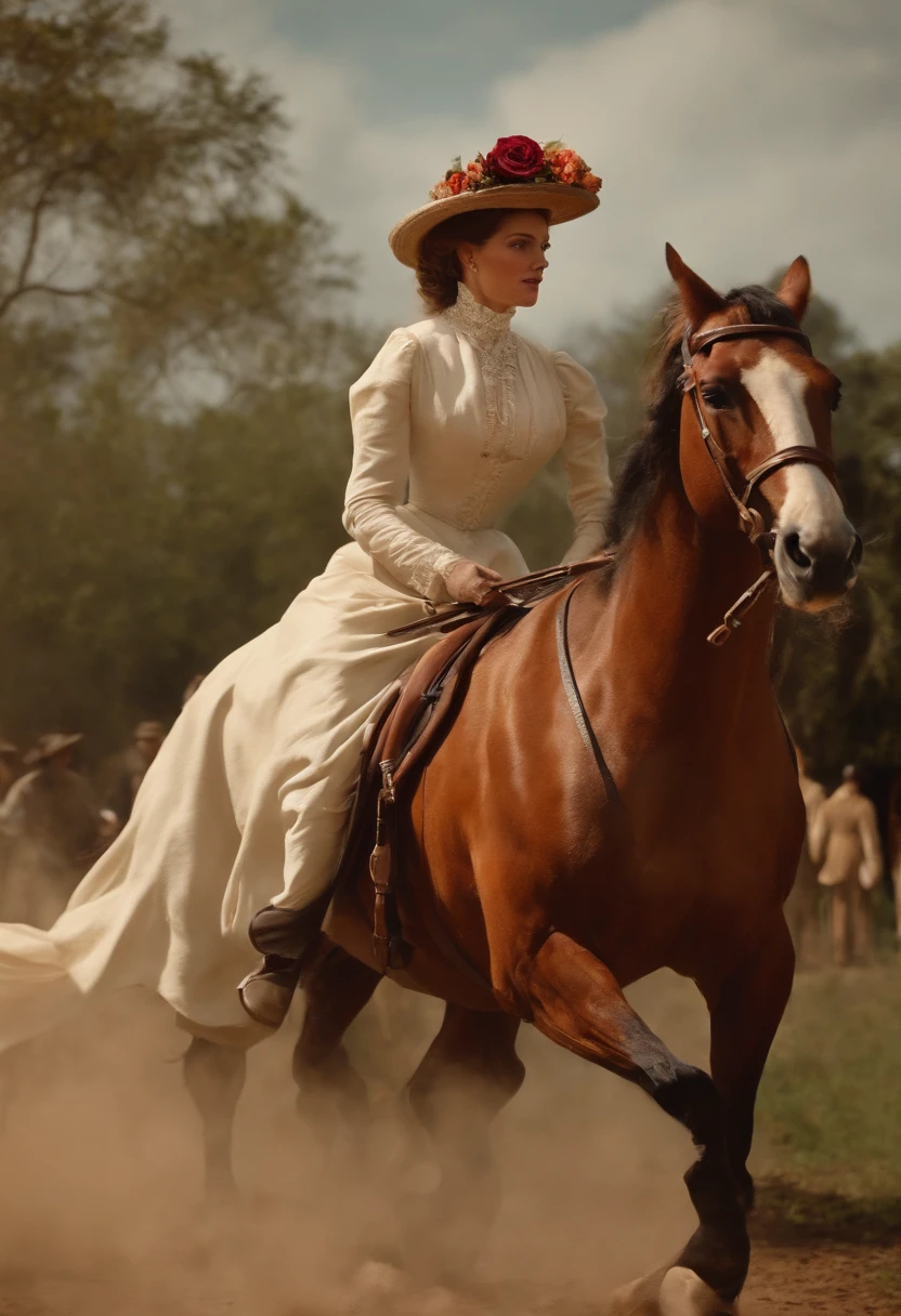 Crie uma mulher assistindo corrida de cavalos nos anos de 1900