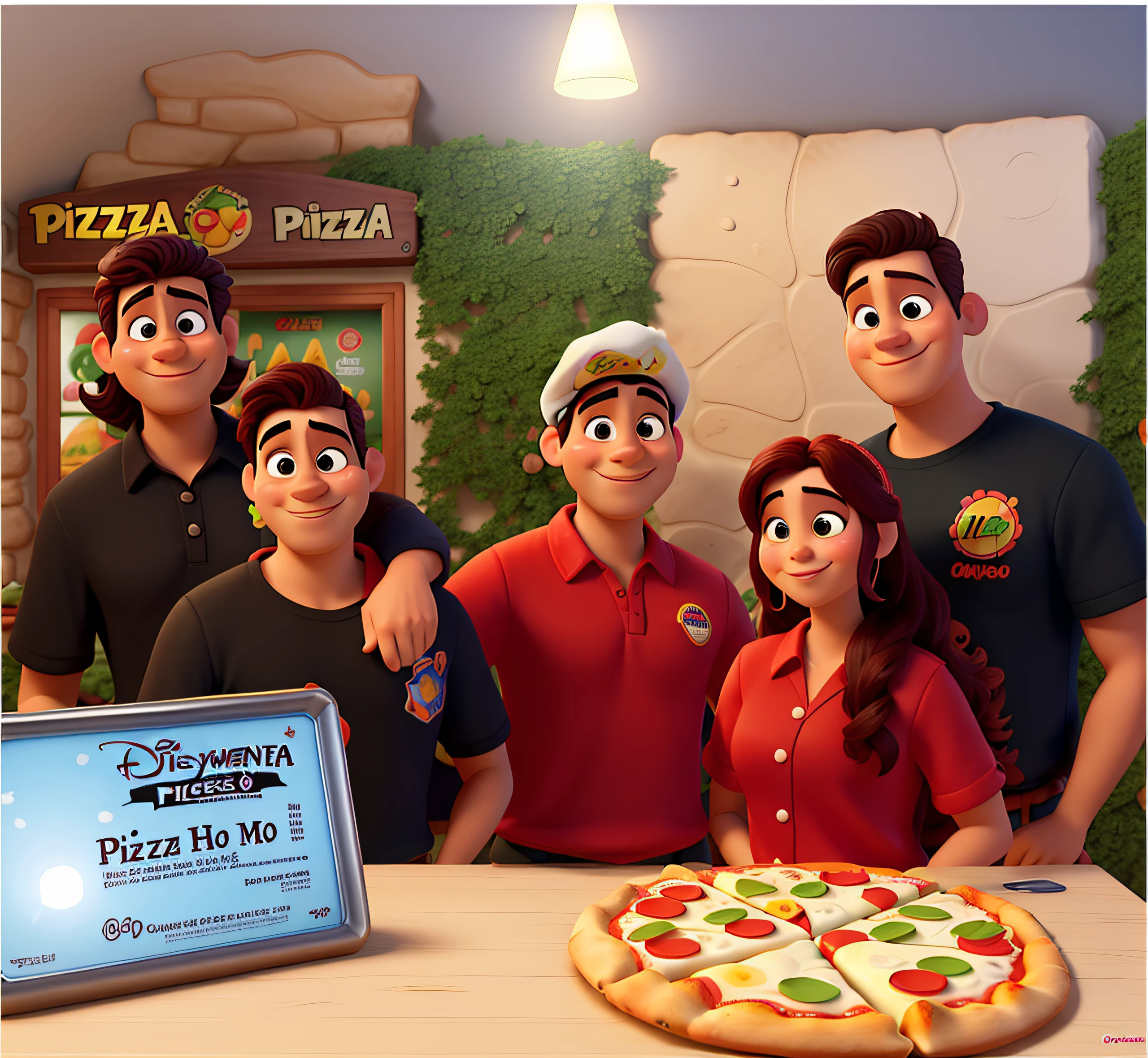 funcionarios moreno com o pizzaiolo no meio e com chapeu felizes da pizzaria com uma pizza na mesa, estilo disney pixar em alta qualidade