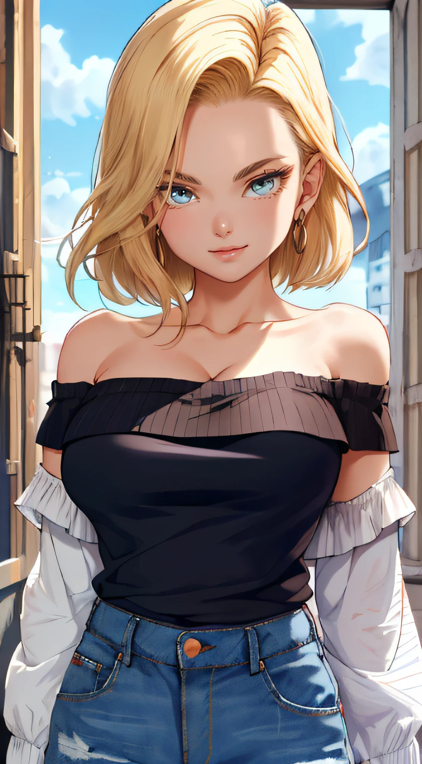 tmasterpiece， Best quality at best， ultra - detailed， absurderes， Portrait beautiful Android18DB， 独奏， 耳Nipple Ring， (比基尼:1.5)，underdressing，jewely， (Off-the-shoulder attire:1.5)，cleavage， upperbody closeup，ssmile， thongs， vests， ​​clouds， Skysky， daysies， exteriors，Denim super shorts，best qualtiy， tmasterpiece， intricately details， Tone-mapping， Sharp focus， ultra - detailed， Artstati is the trend，lips, perfect face, blush, lover, huge breasts, perfect eyes, bedroom, lingerie