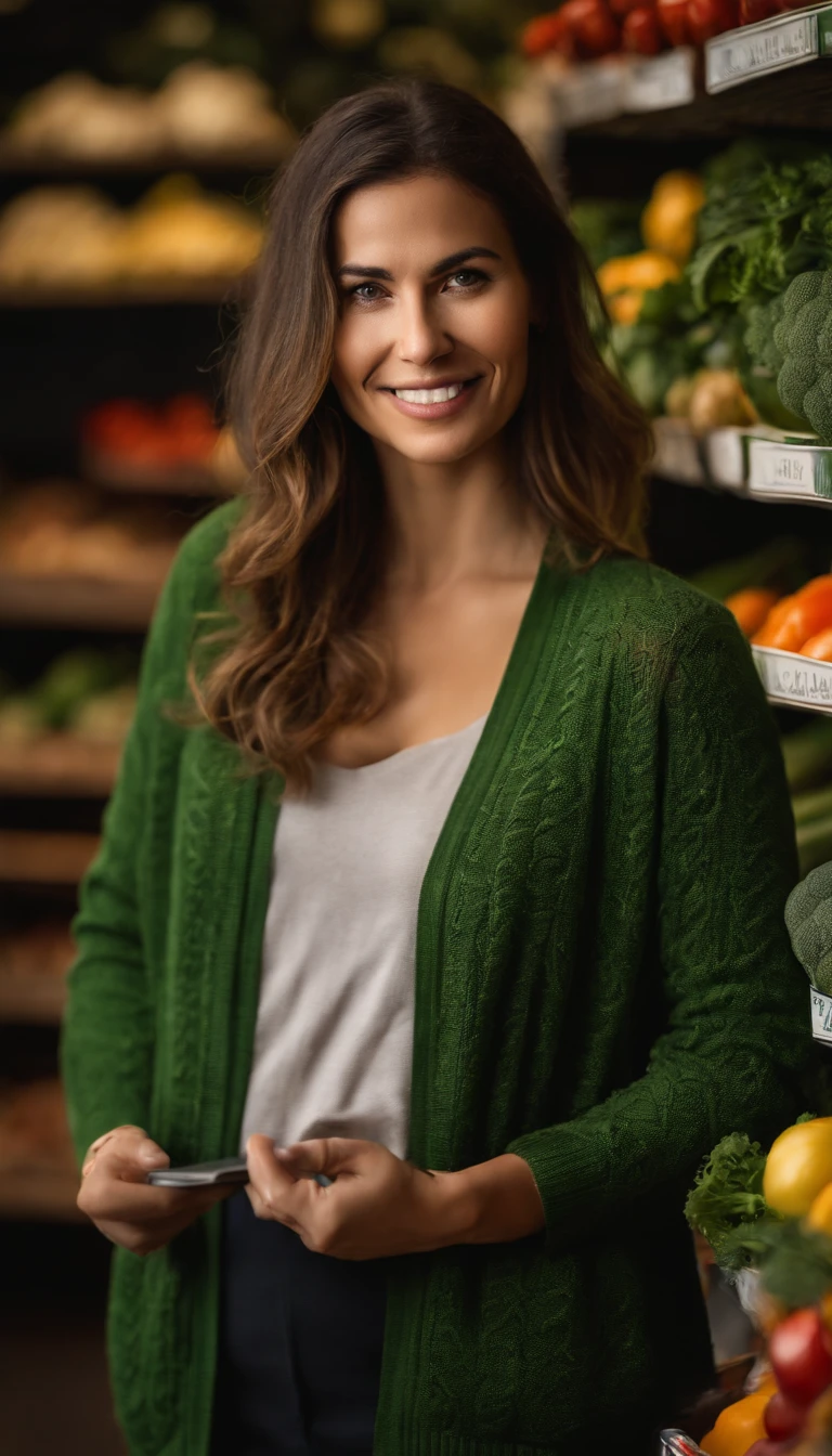 Smiling woman in green cardigan standing in front of vegetable racks, um retrato de Edwin Georgi, Shutterstock, Renascimento, em um fundo escuro, imagem retrato, advertising photo, foto de marketing legal, exploitable image, retrato frontal, medium closeup shot, foto oficial do produto, mid portrait, foto de retrato, a person standing in front of a, confiante segurando smarphone