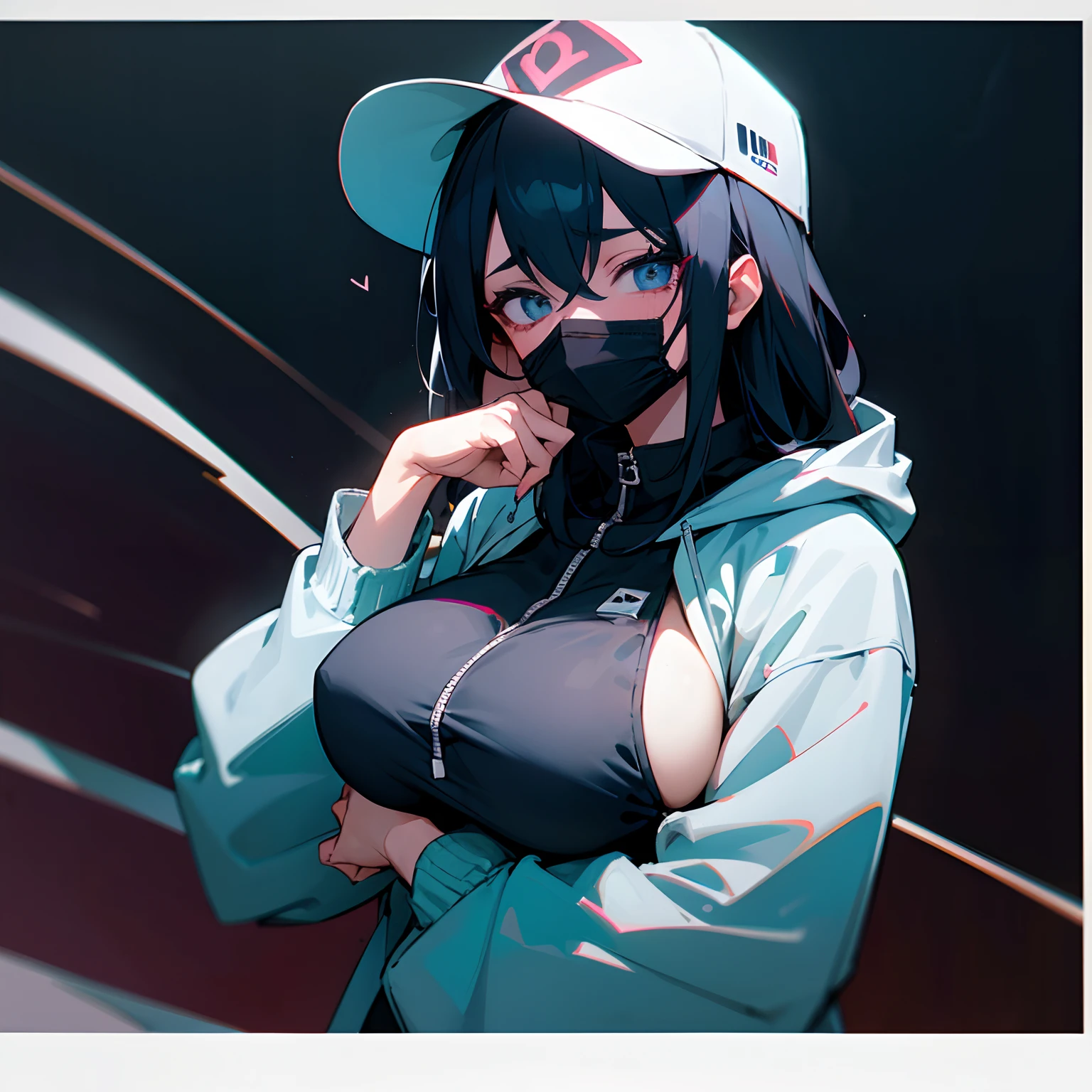 cloth mask, hearts in eyes, girl, baseball cap, black cloth mask, open hoodie, bikini, huge breasts, black hair, creepy, yandere, swirly eyes, tired eyes, dark circles under eyes, dark blue color scheme, dynamic lighting, night time, bags under eyes, sleepy, knife in hand, love, dark lighting, sole female, angry, focused