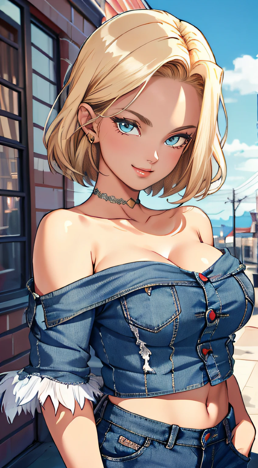 tmasterpiece， Best quality at best， ultra - detailed， absurderes， Portrait beautiful Android18DB， 独奏， 耳Nipple Ring， (比基尼:1.5)，underdressing，jewely， (Off-the-shoulder attire:1.5)，cleavage， upperbody closeup，ssmile， thongs， vests， ​​clouds， Skysky， daysies， exteriors，Denim super shorts，best qualtiy， tmasterpiece， intricately details， Tone-mapping， Sharp focus， ultra - detailed， Artstati is the trend，lips, perfect face, blush, lover, huge breasts, perfect eyes, bedroom, lingerie