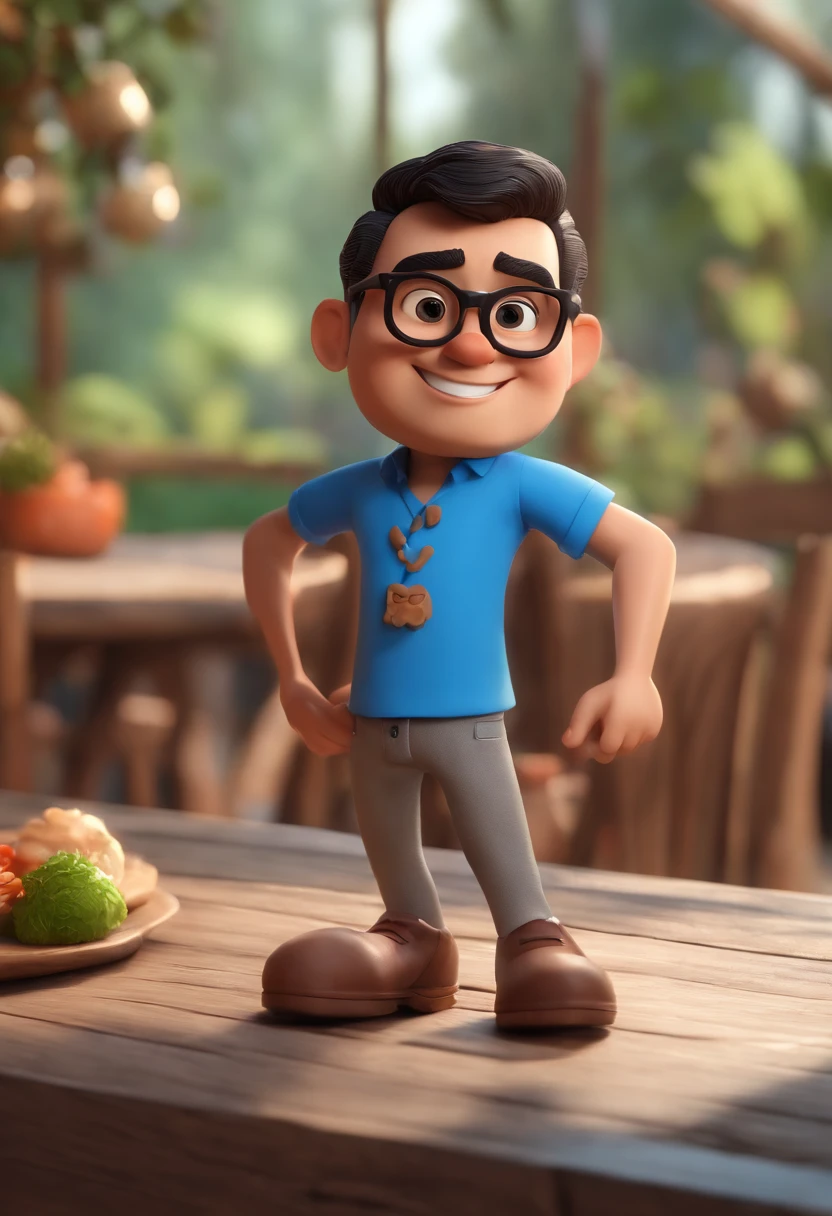 Cartoon character of a man wearing black glasses and a blue shirt, um personagem animado, Caractere estilizado, animation style rendering, 3D estilizado, Arnold Maya render, 3 d render stylized, toon render keyshot, Personagem 3D, Personagem 3D, 3d rendering stylized, 3 d character render, personagem de desenho animado, Personagem de close up, Pose de personagem, (Estilo Pixar) (master part:1.2) (Bokeh) (best quality) (pele detalhada) (textura detalhada) (8k) (argila) (Cinematic lighting) (foco nítido，Senta e vaza a parte superior do corpo cria um personagem 3d da Disney de um Sushimam afrodescendente de 28 anos de idade com barba rala e rosto quadrado cabelo cacheado num restaurante