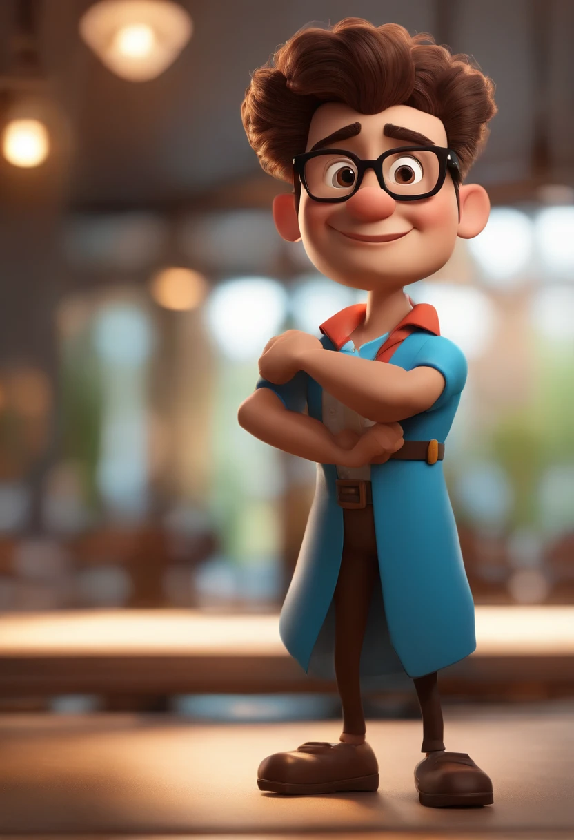 Cartoon character of a man wearing black glasses and a blue shirt, um personagem animado, Caractere estilizado, animation style rendering, 3D estilizado, Arnold Maya render, 3 d render stylized, toon render keyshot, Personagem 3D, Personagem 3D, 3d rendering stylized, 3 d character render, personagem de desenho animado, Personagem de close up, Pose de personagem, (Estilo Pixar) (master part:1.2) (Bokeh) (best quality) (pele detalhada) (textura detalhada) (8k) (argila) (Cinematic lighting) (foco nítido,Senta e vaza a parte superior do corpo cria um personagem 3d da Disney de um Sushimam afrodescendente de 28 anos de idade com barba rala e rosto quadrado cabelo cacheado num restaurante