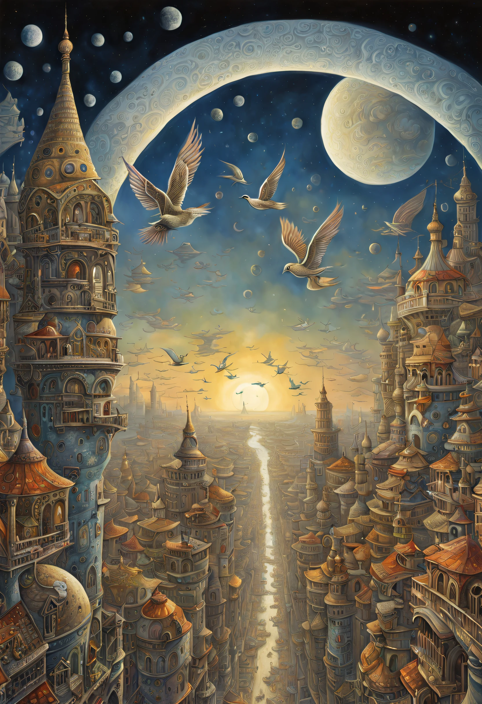 a painting of a city with a moon and a bird flying over it, city on the moon, magical city, detailed dreamscape, intricate fantasy painting, painting of a dreamscape, dmt city, by Tomek Setowski, intricate beautiful painting, russian orbit city cityscape, fantasy cityscape, beautiful intricate painting, painting of ornate space ship, city street on the moon