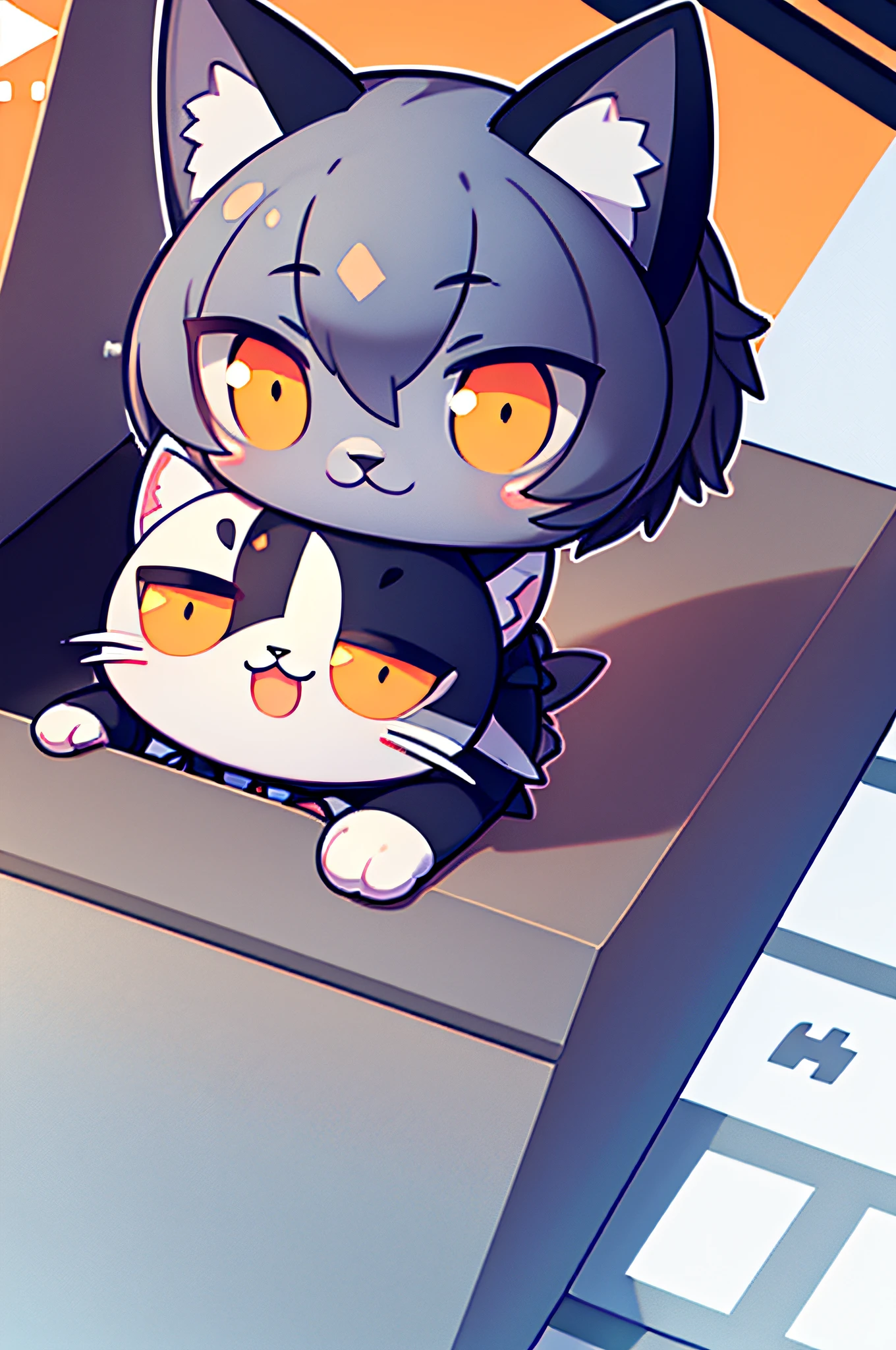 Little Cute Isometric Cat Emoji, Tuxedo Jack,Gray and white cat, kawaii, Wall of southern France in the background, Soft and muted colors, 3D Icon Clay Rendering, spring: 120 mm, 3D Blender Rendering, trending on polycount, Modular constructivism, Orange background, physically-based renderingt, The middle kitten raised her hand