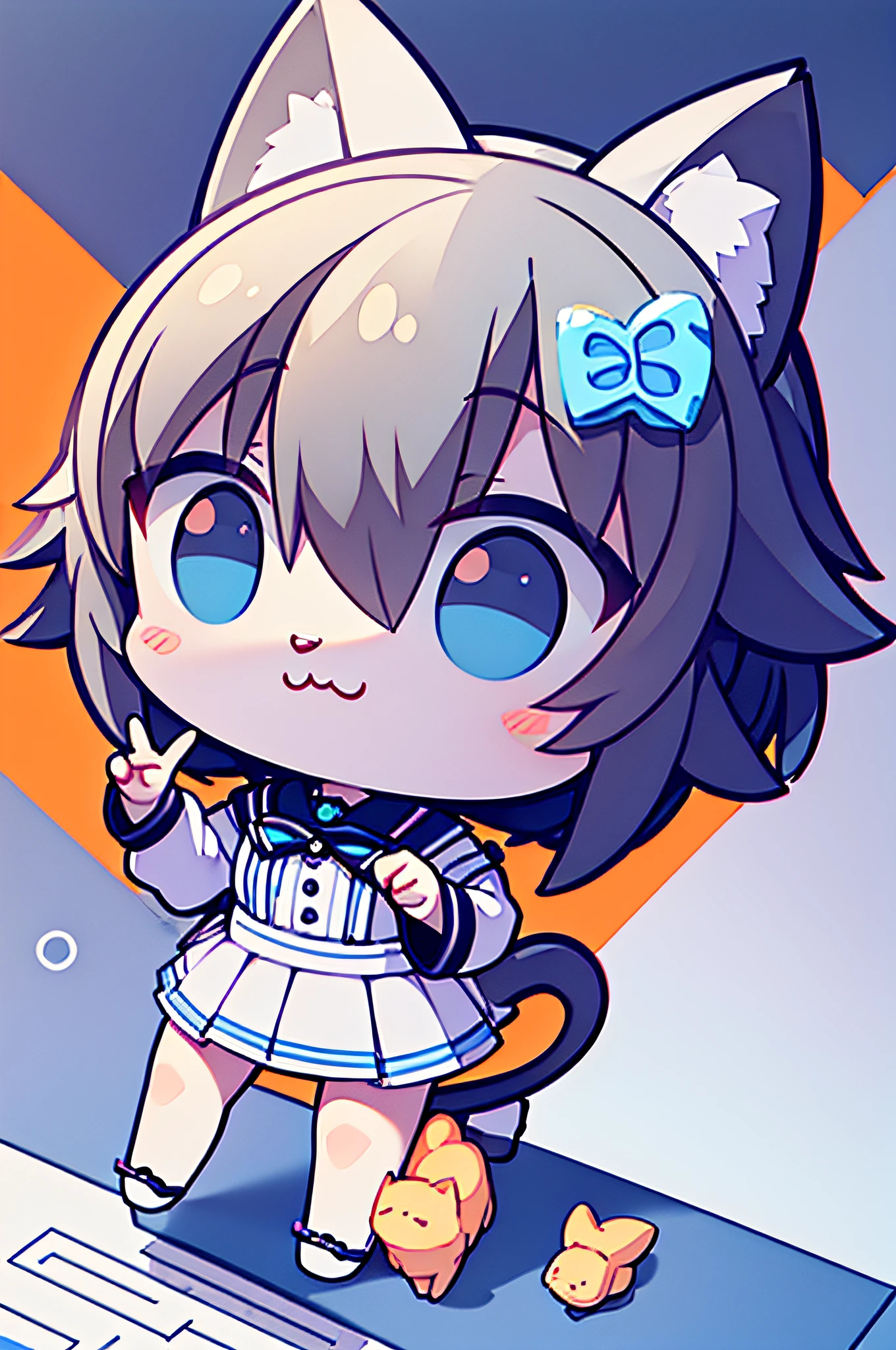 Little Cute Isometric Cat Emoji, Tuxedo Jack,Gray and white cat, kawaii, Wall of southern France in the background, Soft and muted colors, 3D Icon Clay Rendering, spring: 120 mm, 3D Blender Rendering, trending on polycount, Modular constructivism, Orange background, physically-based renderingt, The middle kitten raised her hand