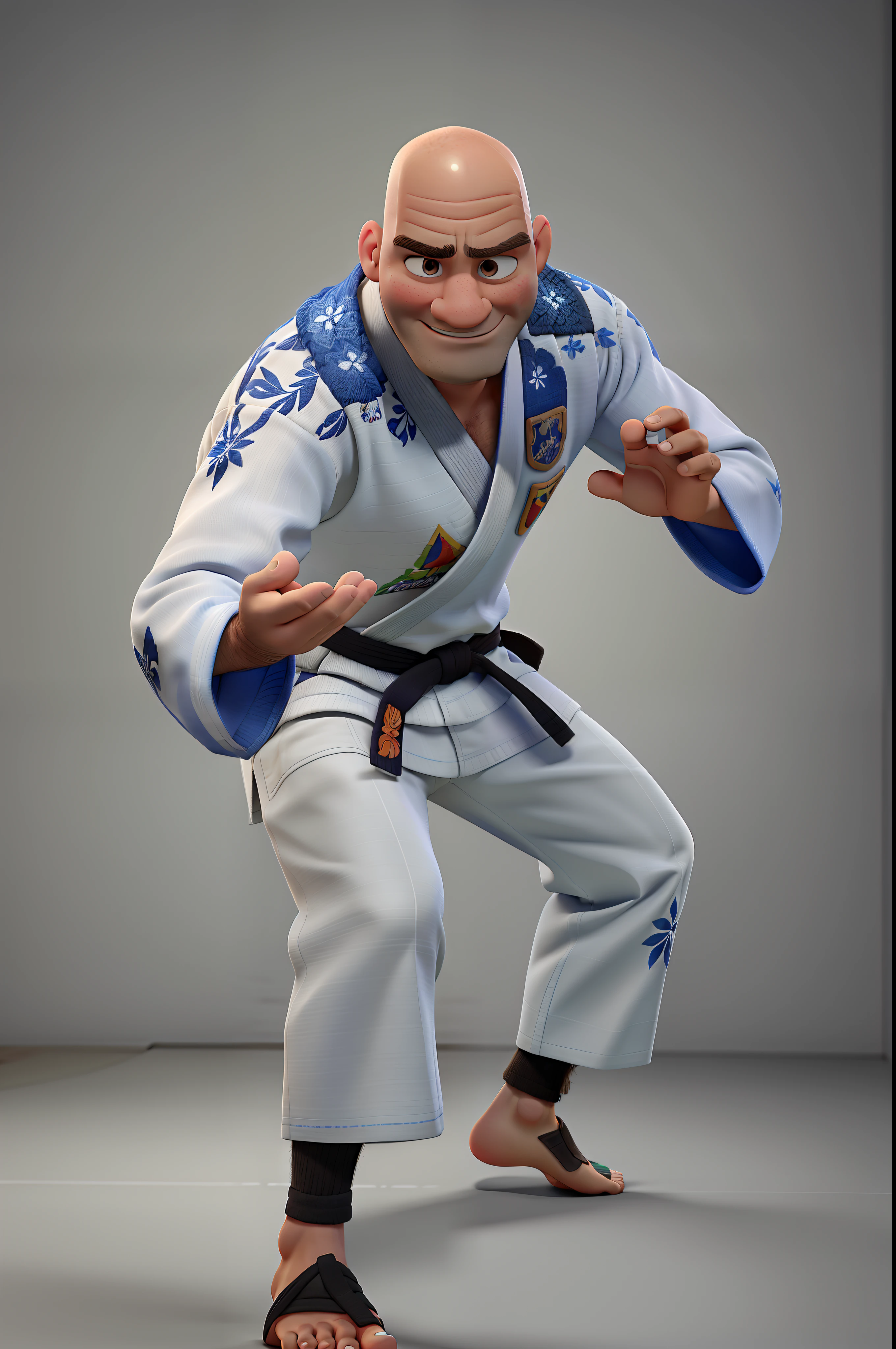 a bald, beardless, barefoot man, without goatee, wearing jiu jitsu kimono, pixar style, high quality, best quality