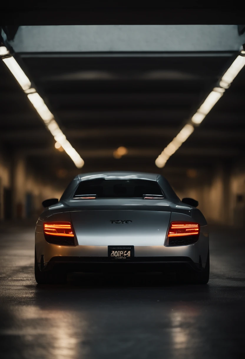 2024 RR Spectre, lowered, stanced, low profile tires, Toyo tires , parked in a dark empty parkade, low light, golden hour, overcast, light rays, raytracing, realism, crystal clear image, intricate details, 200mm f2, detailed asphalt, realistic cracks in asphalt, close up, car portrait , car photography, aiming camera parallel with the runway