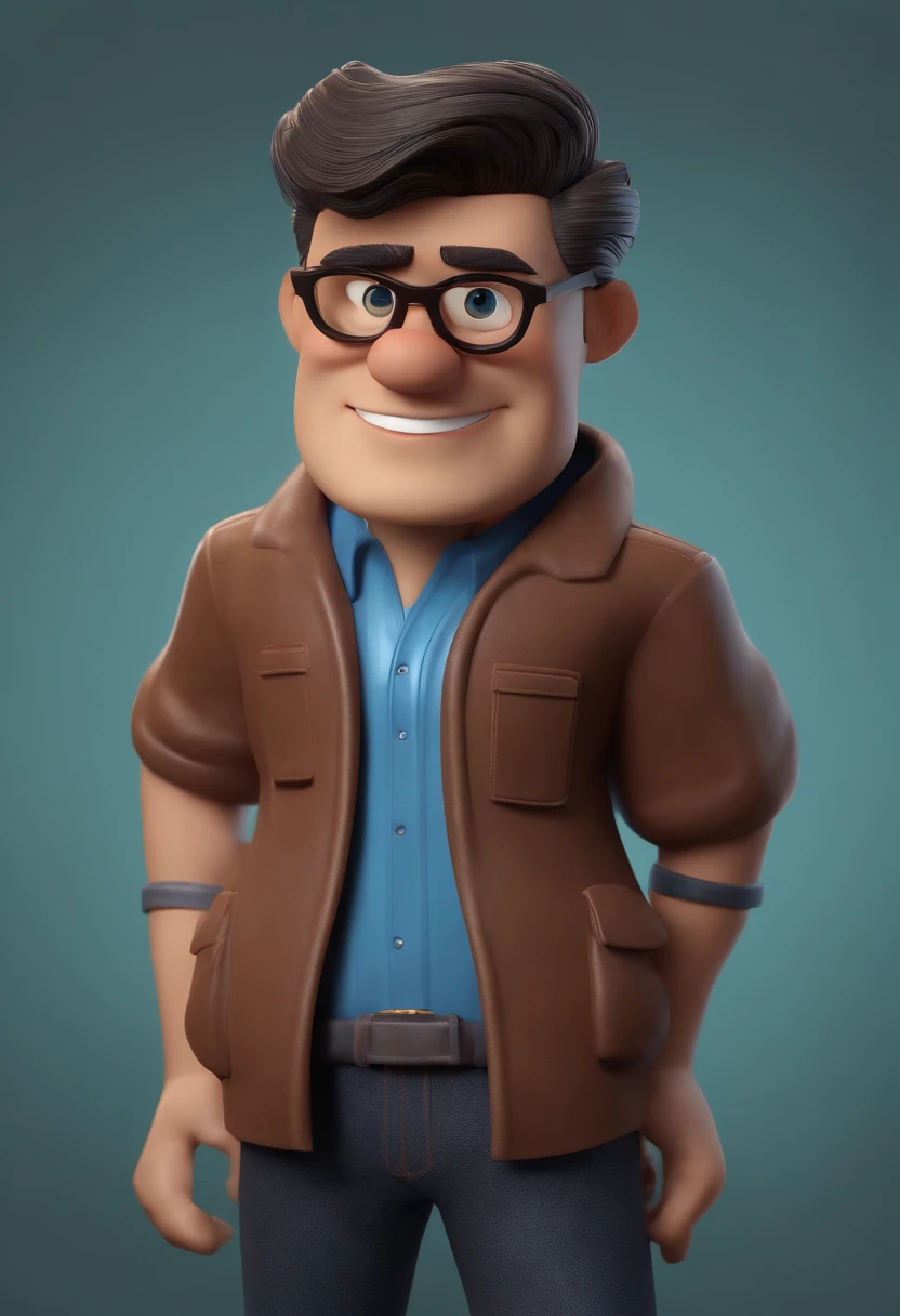 Cartoon character of a man with black glasses, cabelo cacheado marrom escuro e uma camisa azul, animation character, Caractere estilizado, animation style rendering, 3D estilizado, Arnold Maya render, 3 d render stylized, toon render keyshot, Personagem 3D, Personagem 3D, 3d rendering stylized, 3 d character render, personagem de desenho animado, Personagem de close up, Pose de personagem,  (Estilo Pixar) (master part:1.2) (Bokeh) (best quality) (pele detalhada) (textura detalhada) (8k) (argila) (Cinematic lighting) (foco nítido