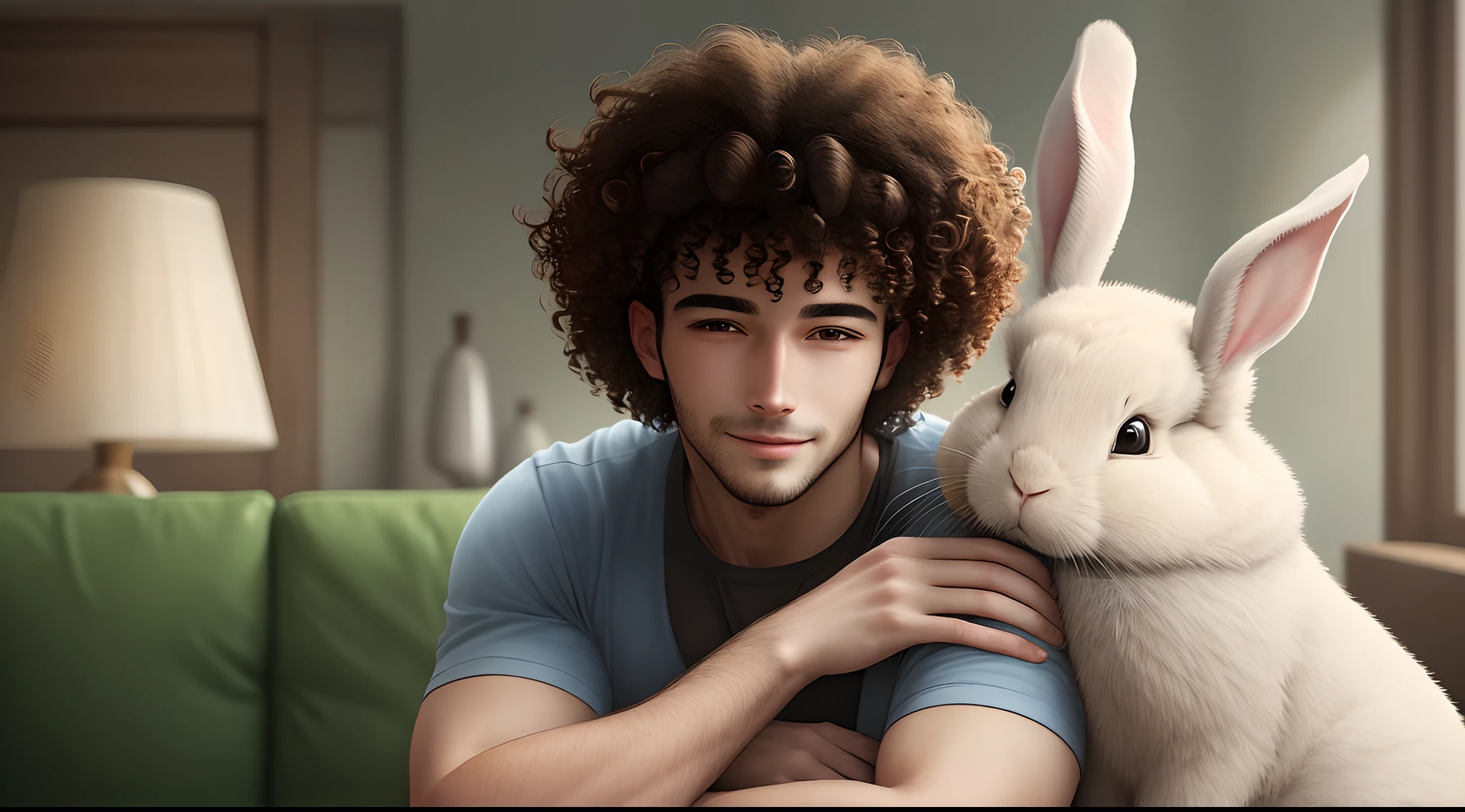 Man with curly hair hugging a lop rabbit