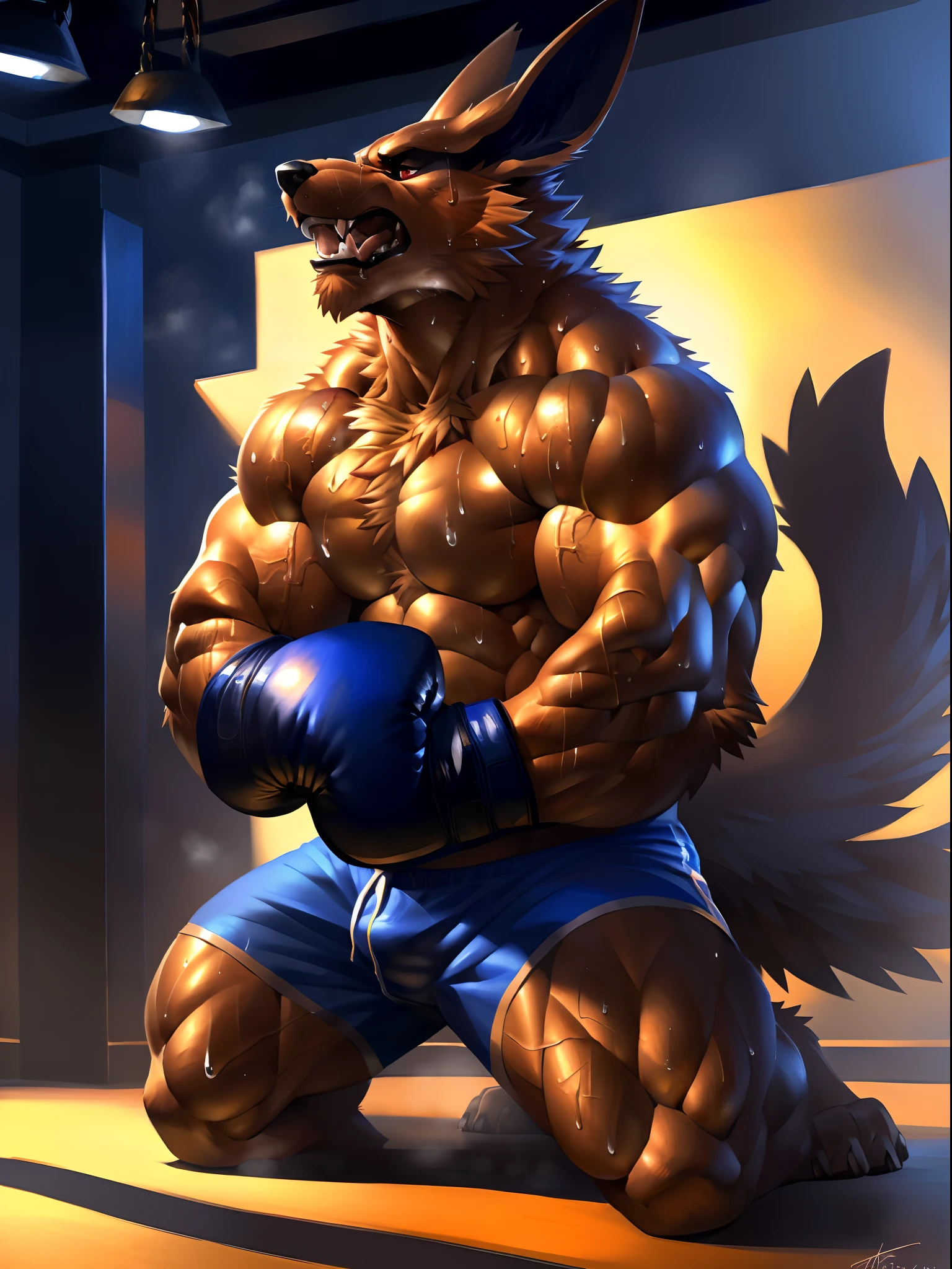 muscular anthro kurama wearing boxing gloves. 4k, high resolution, best quality, perfect colors, perfect shadows, perfect lighting, posted on e621, furry body, solo, anthro kurama, body hair, older, male, adult, masculine, (heavily muscular, buff:1.2), bare torso, correct anatomy, (detailed fur, epic, masterpiece:1.2), (detailed gym background, nighttime), sexy shadows, (by echin, by takemoto arashi:1, by Taran Fiddler), (boxing shorts:1.2), (detailed eyes:1.2), sweaty:1, sweat:1.2, shiny fur, full body, boxing gloves, kneeling on floor, (sweat:1.4), open mouth, visible breath, exhausted, (arms lowered, arms down:1.1)