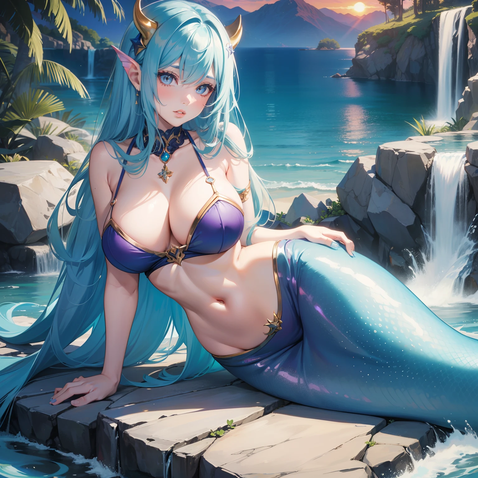 (((Solo))) Mermaid girl with very long blue hair, (yellow eyes), ((wearing a seashell top)), masterpiece, (((large chest))), (((curvy hips))), detailed eyes, cleavage, ((blue and purple beautiful mermaid tail)), siren, ((sitting by a waterfall)), beautiful waterfall background, horizon, beautiful lighting, ((sunset)) (((full lips))), gorgeous eyes, (((mature woman))), milf, [jane], [alice], (beautiful mature face), sparkling eyes, age30, blue horns, ((adult woman))