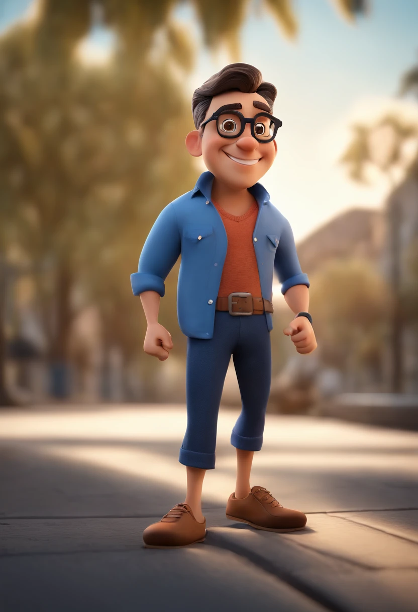Cartoon character of a man wearing black glasses and a blue shirt, um personagem animado, Caractere estilizado, animation style rendering, 3D estilizado, Arnold Maya render, 3 d render stylized, toon render keyshot, Personagem 3D, Personagem 3D, 3d rendering stylized, 3 d character render, personagem de desenho animado, Personagem de close up, Pose de personagem, (Estilo Pixar) (master part:1.2) (Bokeh) (best quality) (pele detalhada) (textura detalhada) (8k) (argila) (Cinematic lighting) (foco nítido,Senta e vaza a parte superior do corpo