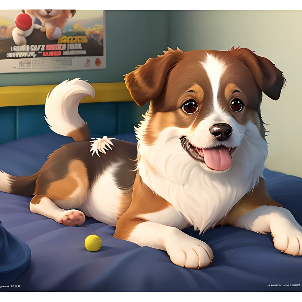 a Disney Pixar movie poster titled “pepper”a golden brown shorkie with a softball under a paw laying on a bed