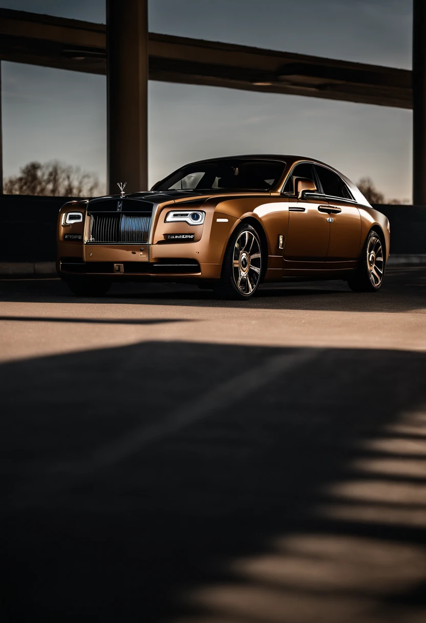 2024 Rolls-Royce Spectre, lowered, stanced, low profile tires, Toyo tires , parked in a dark empty parkade, low light, golden hour, overcast, light rays, raytracing, realism, crystal clear image, intricate details, 200mm f2, detailed asphalt, realistic cracks in asphalt, close up, car portrait , car photography, aiming camera parallel with the runway