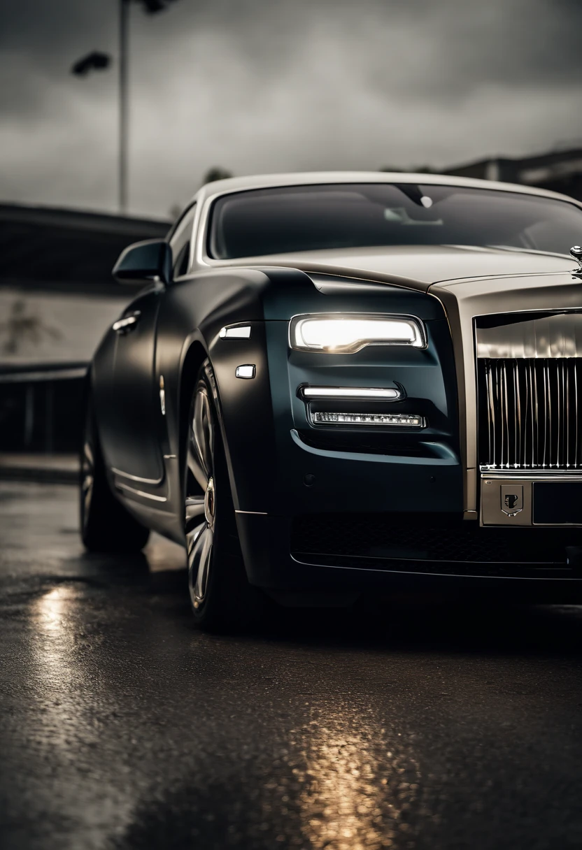2024 Rolls-Royce Spectre, lowered, stanced, low profile tires, Toyo tires , parked in a dark empty parkade, low light, golden hour, overcast, light rays, raytracing, realism, crystal clear image, intricate details, 200mm f2, detailed asphalt, realistic cracks in asphalt, close up, car portrait , car photography, aiming camera parallel with the runway