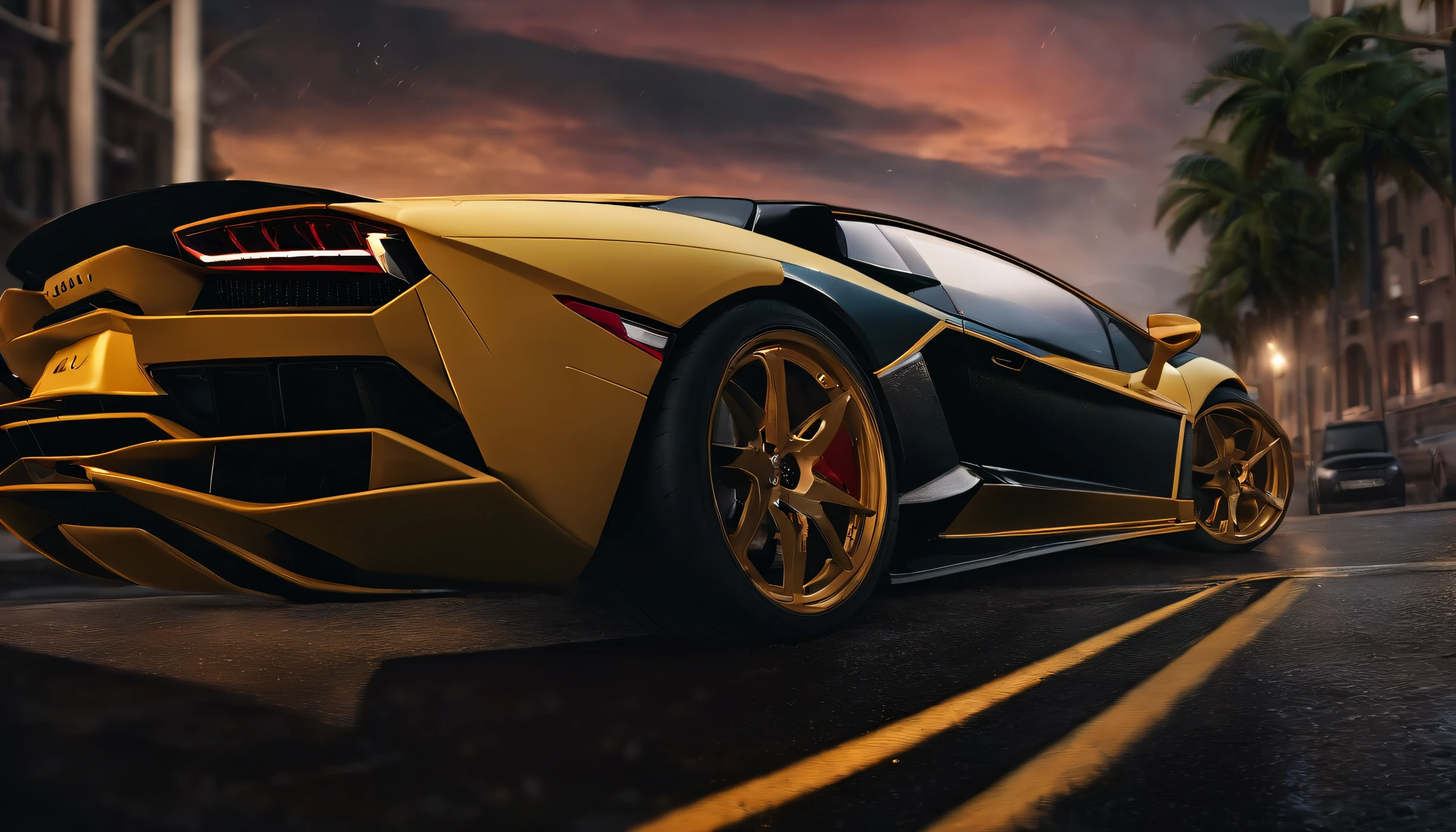 Um close up de um carro Lamborghini estacionado em uma rua da cidade, wallpaper mobile, cinematic poster, papel de parede do telefone, como matriz, cartaz motivacional,cor preta lamborghini carro,  money raining from the sky,cinematic wallpaper 4k, cinematic 4k wallpaper, Matriz LUT, poster!!!, GTA V Estilo Poster, fotografia automotiva, cinematic matte illustration, matte digital illustration, paper awesome wallpaper, cartaz de filme de pintura fosca, gta arte da tela de carregamento, wallpaper mobile