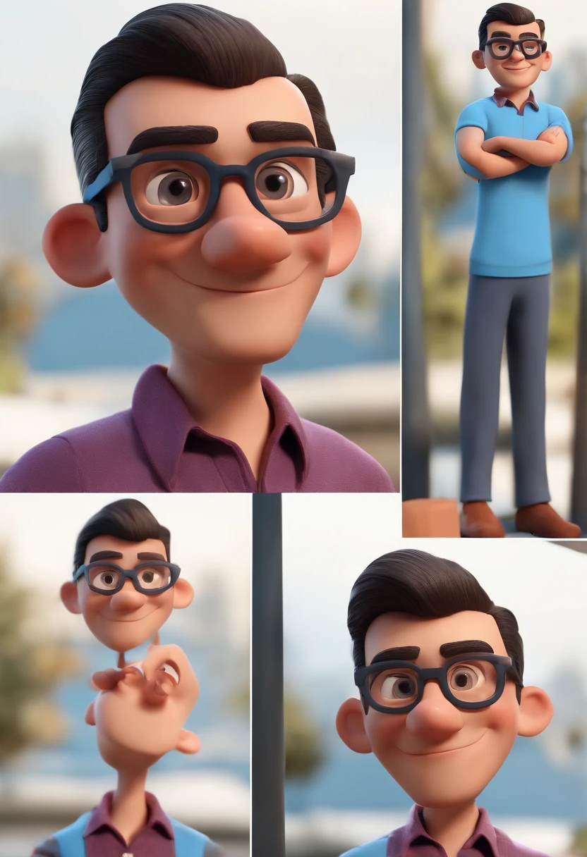 Cartoon character of a man with black glasses and a blue shirt, animation character, Caractere estilizado, animation style rendering, 3D estilizado, Arnold Maya render, 3 d render stylized, toon render keyshot, Personagem 3D, Personagem 3D, 3d rendering stylized, 3 d character render, personagem de desenho animado, Personagem de close up, Pose de personagem, (Estilo Pixar) (master part:1.2) (Bokeh) (best quality) (pele detalhada) (textura detalhada) (8k) (argila) (Cinematic lighting) (foco nítido