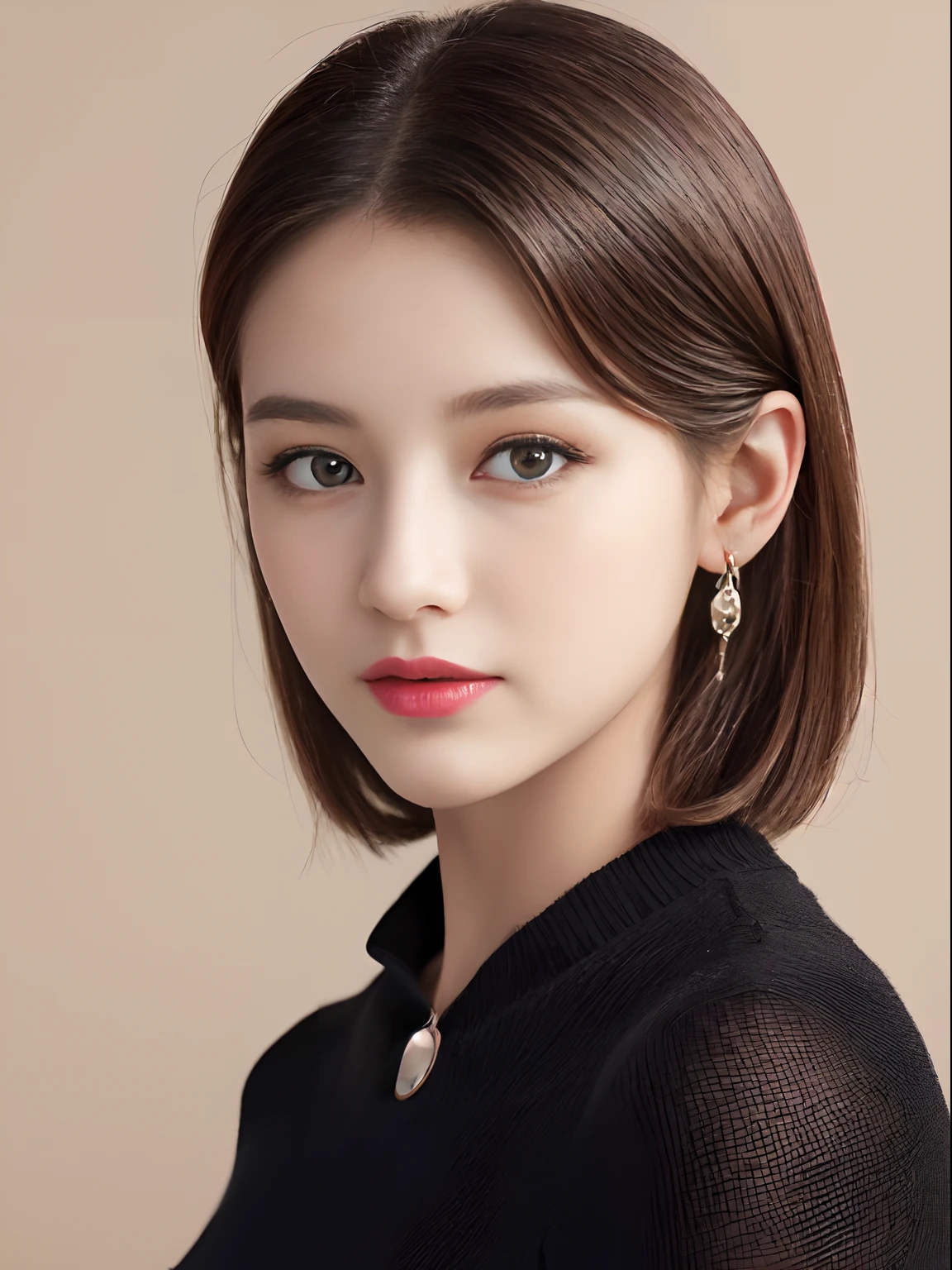 ((top-quality、8K、masterpiece:1.3))、extremely delicate and beautiful girl,realisticlying,Incredibly absurd,abstract art,From waist to shoulders,catch,extra detailed body,Short Black Hong Kong Style Hair,,Floating hair,light brown hair,Vitone Hair,beautiful fine hair,Exquisite and beautiful face,浅笑,Clear eyes, Black colored eyes,Neck_bow ribbon,frilld_Dress,beautiful and clear background,Beautiful sky,full bloom,very precise details,absurderes,extremely CG,((A sexy mature girl:1.5))、Thick lip、Crimson Lip Gloss、eye make up、((40 years:1.5))、Sweaters、Parisian café scene、Sunset sky