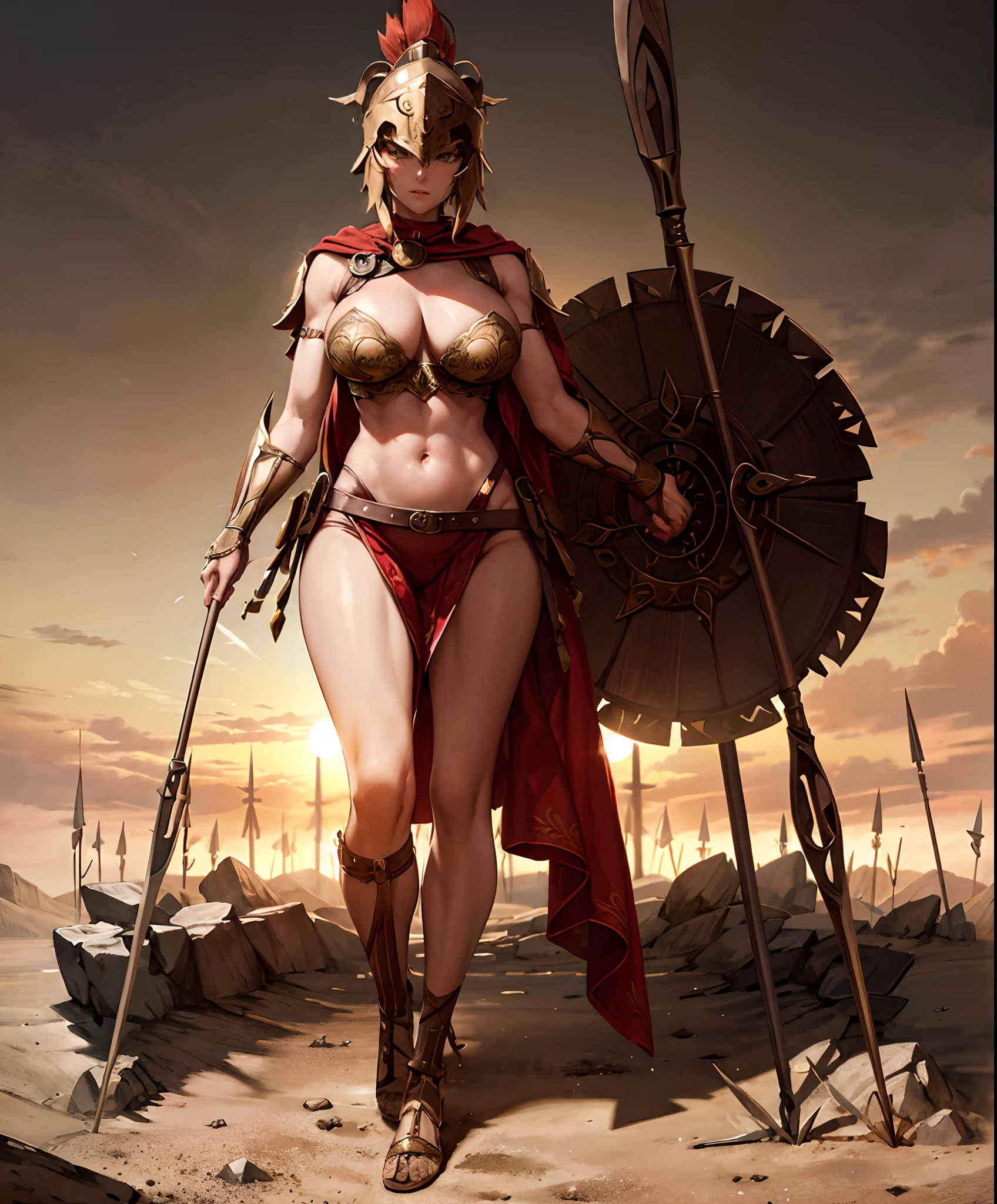 ((Masterpiece)), best quality, absurderes, ultra detailed, 8k, super complex details, intricate details, busty female Spartan warrior , Red Cape, spear, Battlefield, helmet, sunset