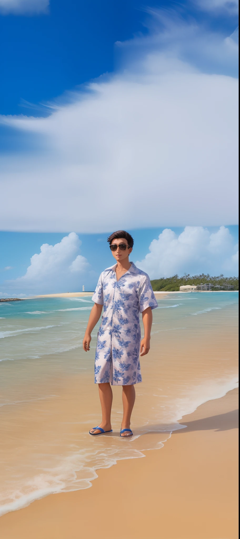 Araffe andando na praia em um vestido curto, vacation photo, posando em uma praia com o oceano, com camisa havaiana, Waring uma camisa havaiana, no oceano, standing near the beach, Camisa havaiana, estilo de vida, slide show, em uma praia tropical, standing at the beach, standing on a beach in boracay, caio santos