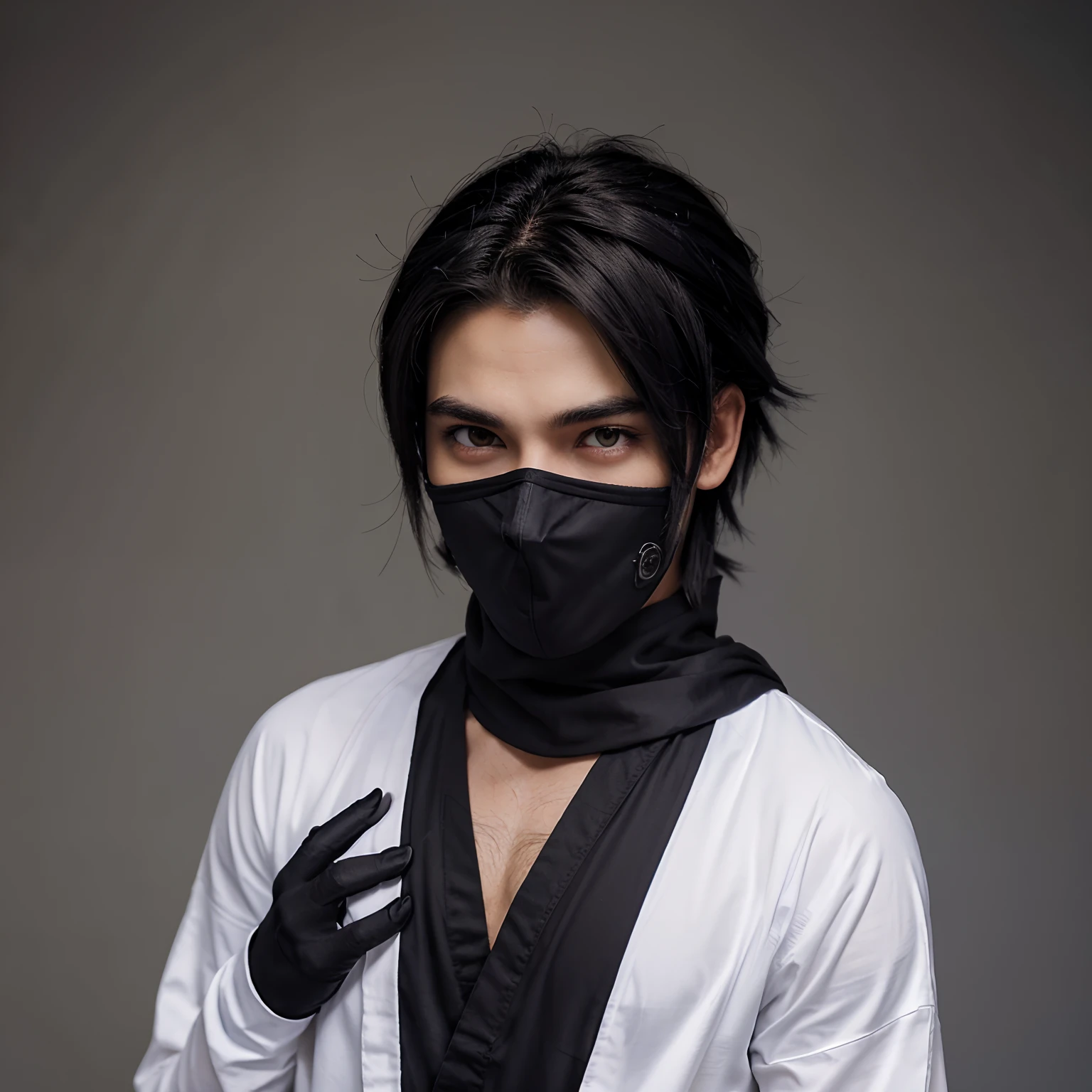 Estilo anime,personagem 2D,masculino,olhos perfurantes,cabelo preto,estiliso,roupa de ninja estilisa com as cores branco bem visivel e preto no exterior da roupa