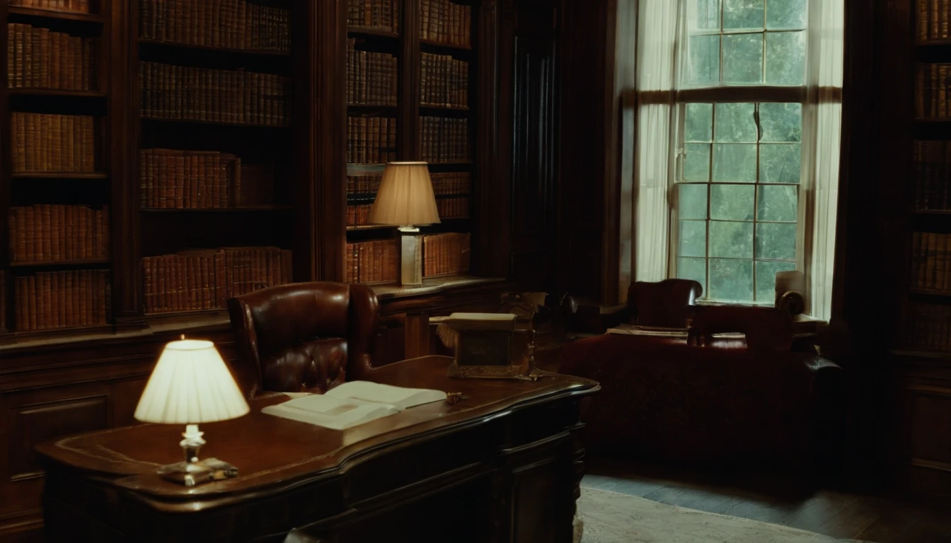 night time, interior of a home library from the 1940's, a large ornate wood desk faces the camera, a wall of leather bound books on shelves in the background, ele tem cerca de 30 anos, ele tem cerca de 3 0 anos de idade, cerca de 3 5 anos, 2 7 anos, Foto de perfil, 2 9 anos, bonito e atraente, 2 8 anos