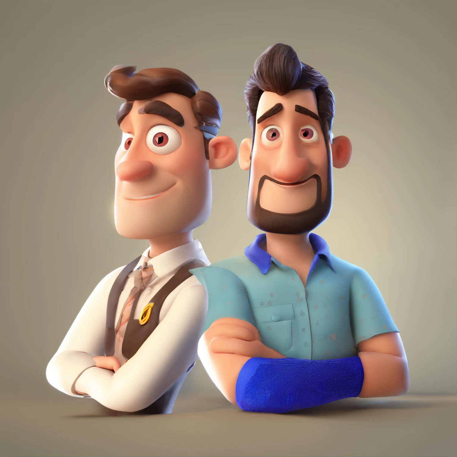 Criar um personagem no estilo Pixar. Trata-se de um homem de 30 anos, com barba, Branco, com cabelos castanhos curtos e um quiff, e olhos castanhos. Ele deve estar na frente de um computador, Trabalhar como designer