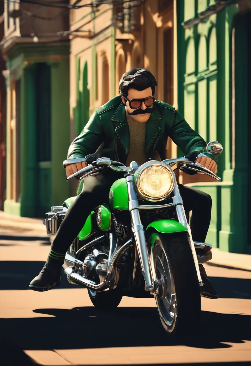 Poster 3d inspirado na pixar com fundo com muitas motocicletas, Homem de 40 anos com cabelos loiros curtos, Bigode e cavanhaque, olhos verdes, Nerd glasses wearing club motorcycle jacket.