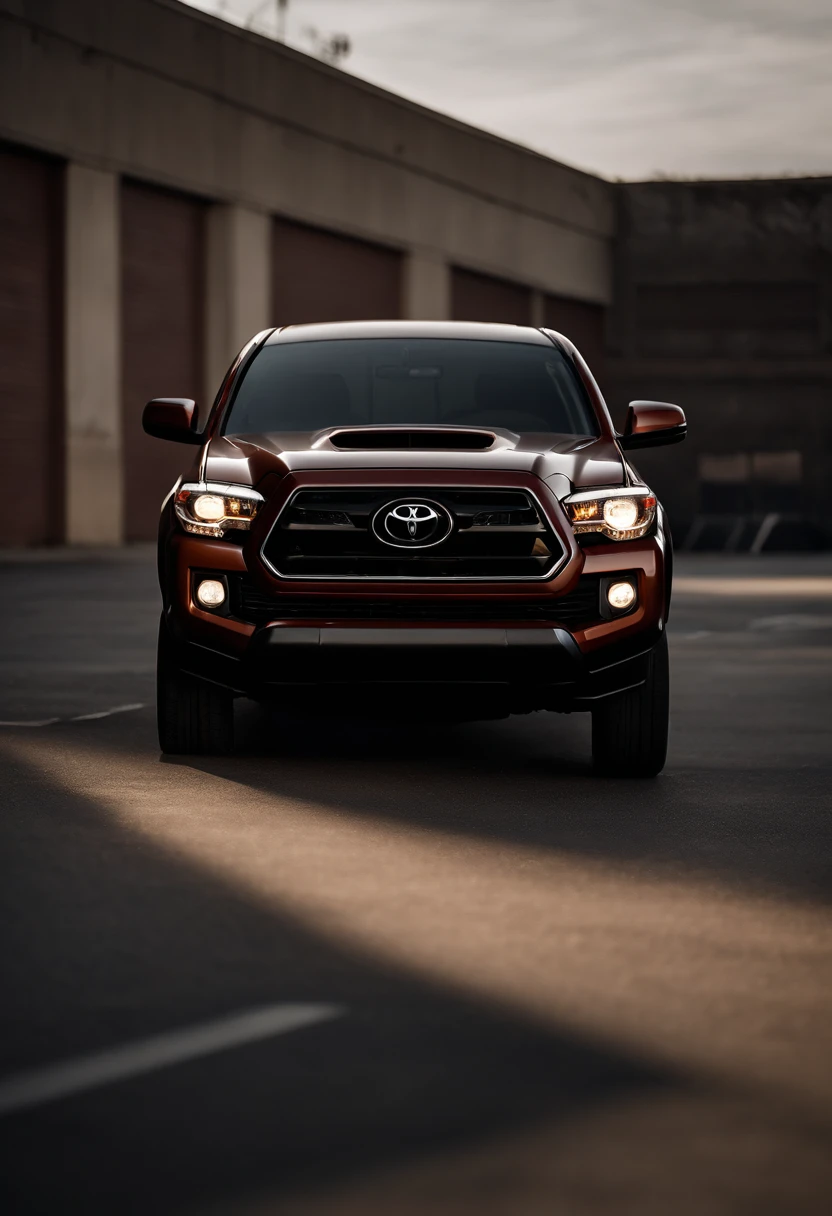 2024 Toyota Tacoma X-runner, lowered, stanced, low profile tires, Toyo tires , parked in a dark empty parkade, low light, golden hour, overcast, light rays, raytracing, realism, crystal clear image, intricate details, 200mm f2, detailed asphalt, realistic cracks in asphalt, close up, car portrait , car photography, aiming camera parallel with the runway