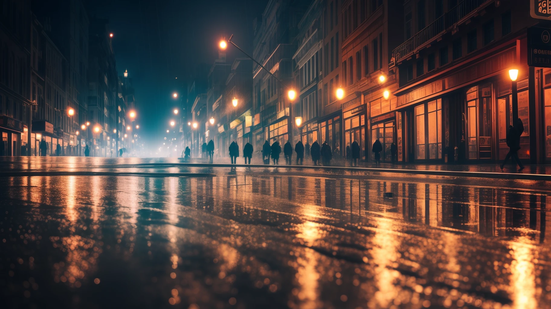 A dark and mysterious night scene in a bustling city, with empty wet streets glistening under the raindrops. The streets are completely deserted, creating a feeling of solitude and isolation. The rain is pouring down heavily, creating a mesmerizing atmosphere and reflecting the lights from the city on the slick pavement. The neon signs and streetlights illuminate the scene in a haze of colors, creating a cinematic and surreal feel. The composition focuses on an individual figure, clad in a long trench coat, standing under a dripping awning. Their silhouette is barely visible, adding to the sense of mystery. The raindrops fall relentlessly, bouncing off the pavement and creating small ripples, enhancing the visual impact. The overall mood is melancholic and contemplative, with a touch of suspense and longing. This scene would be best captured with a wide-angle lens, like a 24mm, to fully showcase the expansive cityscape and capture the cinematic atmosphere. The style for this prompt would be photography, creating a realistic and immersive experience. --auto --s2
