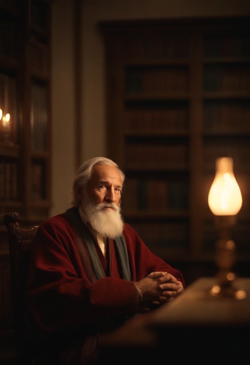 An old wise man standing in front, illuminated by the light of a lamp, against the backdrop of a library, (best quality,4k,8k,highres,masterpiece:1.2), ultra-detailed, (realistic,photorealistic,photo-realistic:1.37), HDR, UHD, studio lighting, extreme detail description, professional, vivid colors, bokeh, portraits, ancient painting style, warm and cozy color palette, soft and diffused lighting.