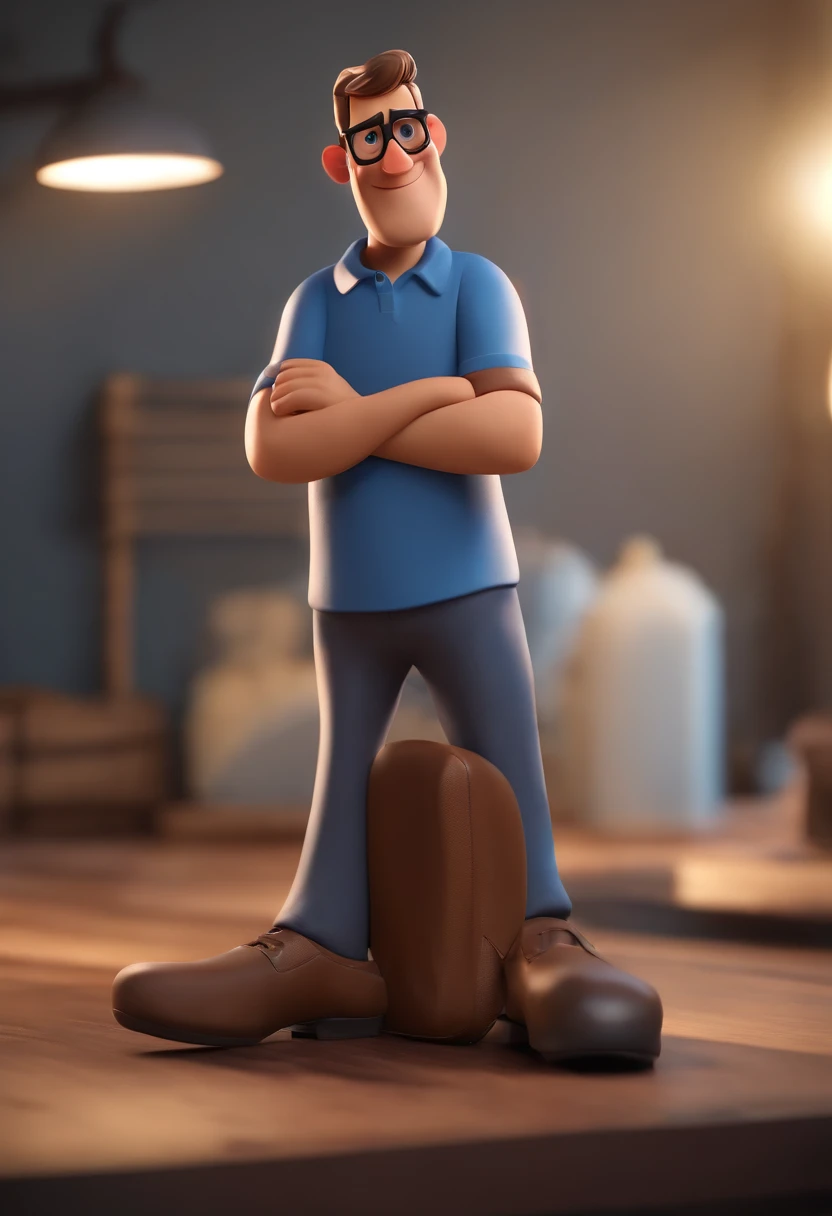 Cartoon character of a man wearing black glasses and a blue shirt, um personagem animado, Caractere estilizado, animation style rendering, 3D estilizado, Arnold Maya render, 3 d render stylized, toon render keyshot, Personagem 3D, Personagem 3D, 3d rendering stylized, 3 d character render, personagem de desenho animado, Personagem de close up, Pose de personagem, (Estilo Pixar) (master part:1.2) (Bokeh) (best quality) (pele detalhada) (textura detalhada) (8k) (argila) (Cinematic lighting) (foco nítido，Senta e vaza a parte superior do corpo