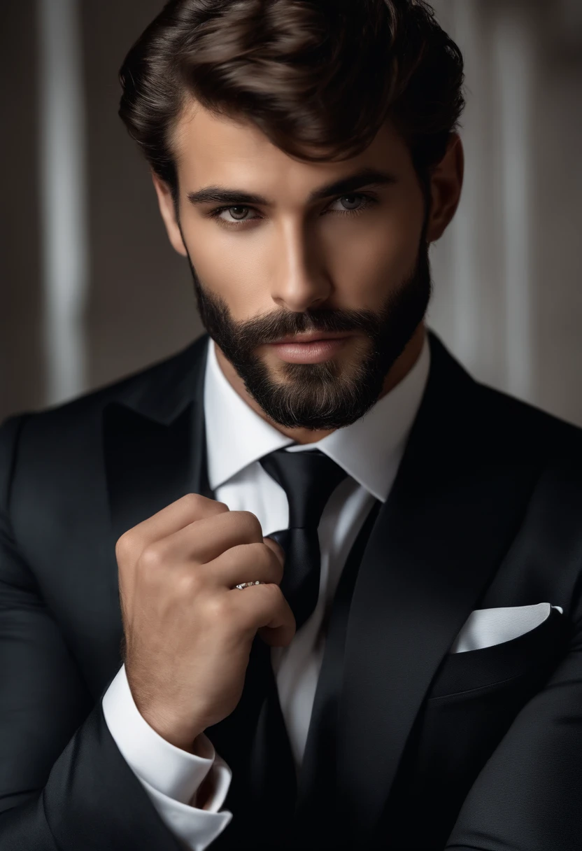 en haut、Faire un bel homme de 30 ans dans un costume noir et une cravate, PDG, cheveux et barbe bruns, (Homme en costume noir et cravate), ), (Utilisez une barbe,) Attractive and serious look, cheveux noirs courts, Elegant and elegant, Shave Tightly Fitting in Suit and Strong Body, (highly quality, Realistic images), Dark and light black on image background, Style de film, ((premier quality, 8k, шедевр), Ultra High Definition Photo, (Beautiful detailed faces, detail skin texture, Hyperdetailed body:1.1)