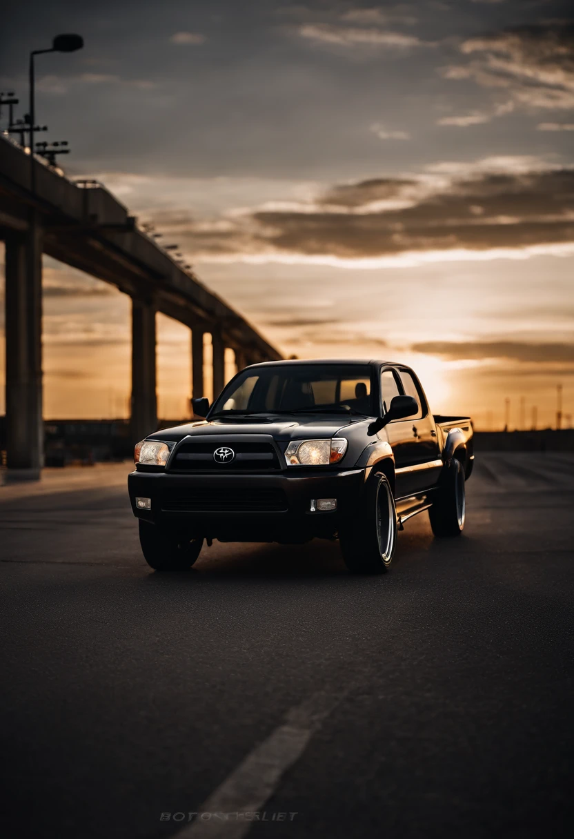 2012 Toyota X-runner pickup, drifter,  lowered, stanced, low profile tires, Toyo tires , parked in a dark empty parkade, low light, golden hour, overcast, light rays, raytracing, realism, crystal clear image, intricate details, 200mm f2, detailed asphalt, realistic cracks in asphalt, close up, car portrait , car photography, aiming camera parallel with the runway
