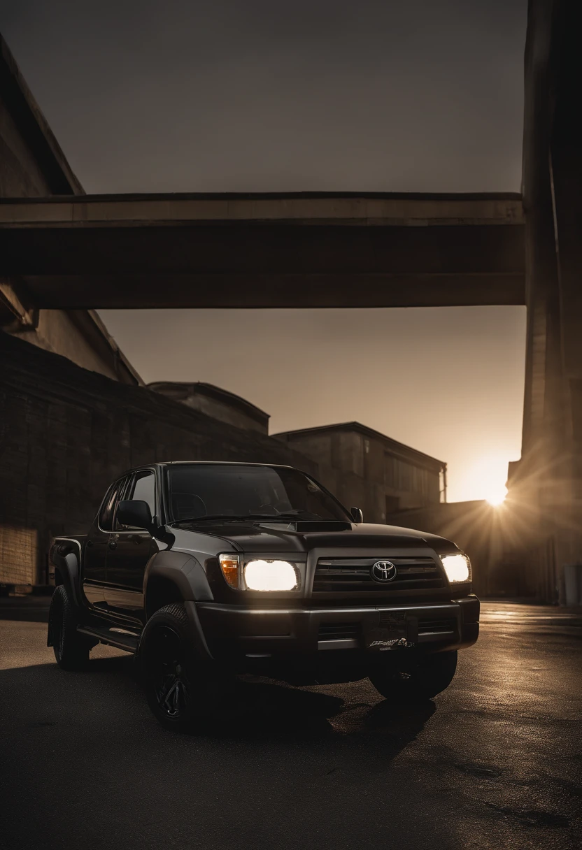 2012 Toyota X-runner pickup, drifter,  lowered, stanced, low profile tires, Toyo tires , parked in a dark empty parkade, low light, golden hour, overcast, light rays, raytracing, realism, crystal clear image, intricate details, 200mm f2, detailed asphalt, realistic cracks in asphalt, close up, car portrait , car photography, aiming camera parallel with the runway