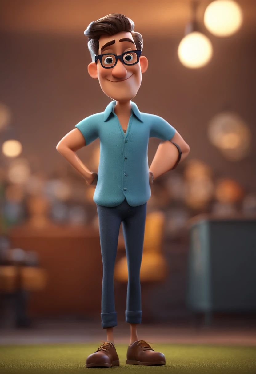 Cartoon character of a man with black glasses and a blue shirt, animation character, Caractere estilizado, animation style rendering, 3D estilizado, Arnold Maya render, 3 d render stylized, toon render keyshot, Personagem 3D, Personagem 3D, 3d rendering stylized, 3 d character render, personagem de desenho animado, Personagem de close up, Pose de personagem, (Estilo Pixar) (master part:1.2) (Bokeh) (best quality) (pele detalhada) (textura detalhada) (8k) (argila) (Cinematic lighting) (foco nítido