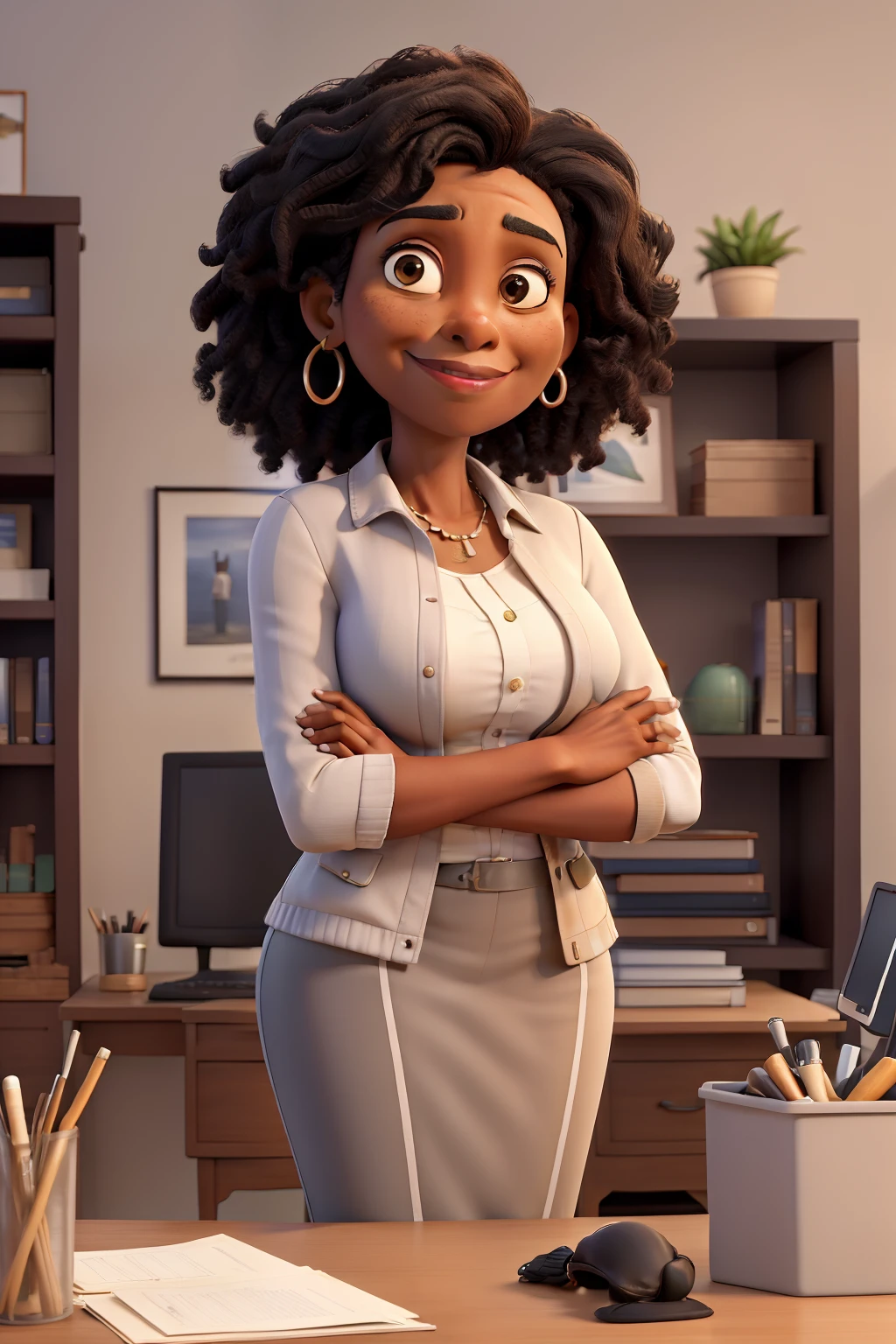 masterpiece, best quality ,Portrait of mid adult successful black mature woman looking at camera with arms crossed. Smiling african american business woman standing in new office .Portrait of mature woman.