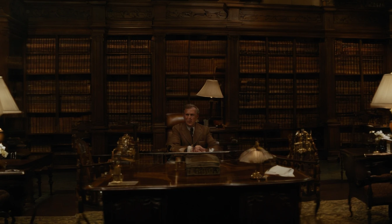 night time, interior of a home library from the 1940's, a large ornate wood desk faces the camera, a wall of leather bound books on shelves in the background, ele tem cerca de 30 anos, ele tem cerca de 3 0 anos de idade, cerca de 3 5 anos, 2 7 anos, Foto de perfil, 2 9 anos, bonito e atraente, 2 8 anos