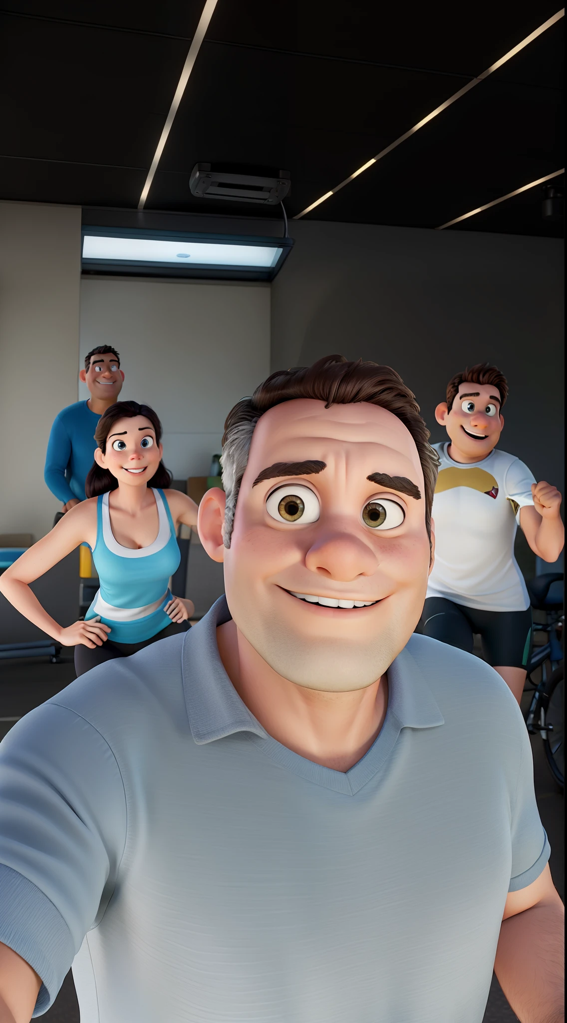 2 homens adultos e 1 mulher adulta, Exercising on the bike, estilo pixar, alta qualidade, muita qualidade