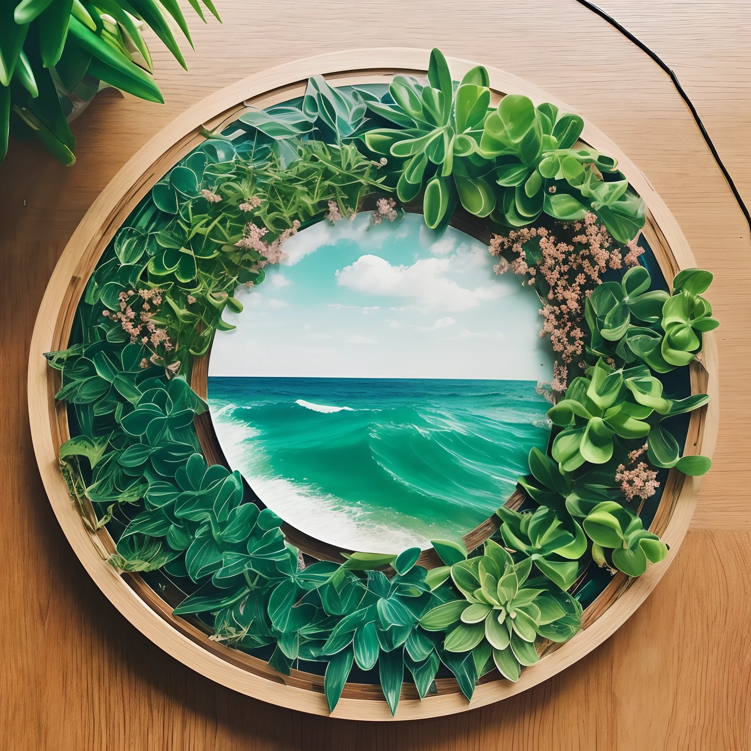 Sea waves, plant, health round mandala, polaroid photo, kodak porta, realistic, nature