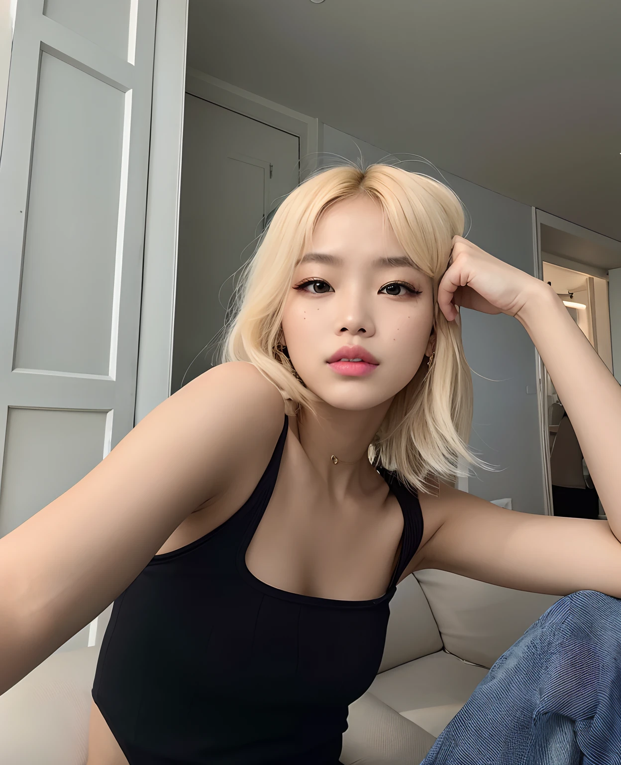 Blonde woman in black top sitting on a sofa with hand on head,Lisa de blackpink, 8k selfie photograph, Retrato de Jossi de Blackpink, Lalisa Manobal, Hermosa joven coreana, portrait of female Korean idol, Parque Roseanne de Blackpink, Lleva una camiseta negra sin mangas, con el pelo corto, Hermosa mujer surcoreana, labios gruesos pomposos grandes con piel palida
