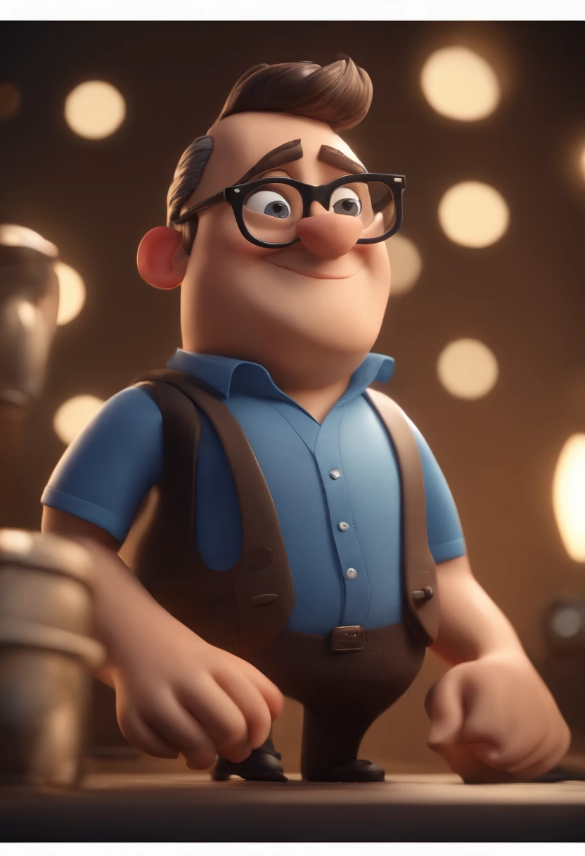 Cartoon character of a man wearing black glasses and a blue shirt, um personagem animado, Caractere estilizado, animation style rendering, 3D estilizado, Arnold Maya render, 3 d render stylized, toon render keyshot, Personagem 3D, Personagem 3D, 3d rendering stylized, 3 d character render, personagem de desenho animado, Personagem de close up, Pose de personagem, (Estilo Pixar) (master part:1.2) (Bokeh) (best quality) (pele detalhada) (textura detalhada) (8k) (argila) (Cinematic lighting) (foco nítido，Senta e vaza a parte superior do corpo