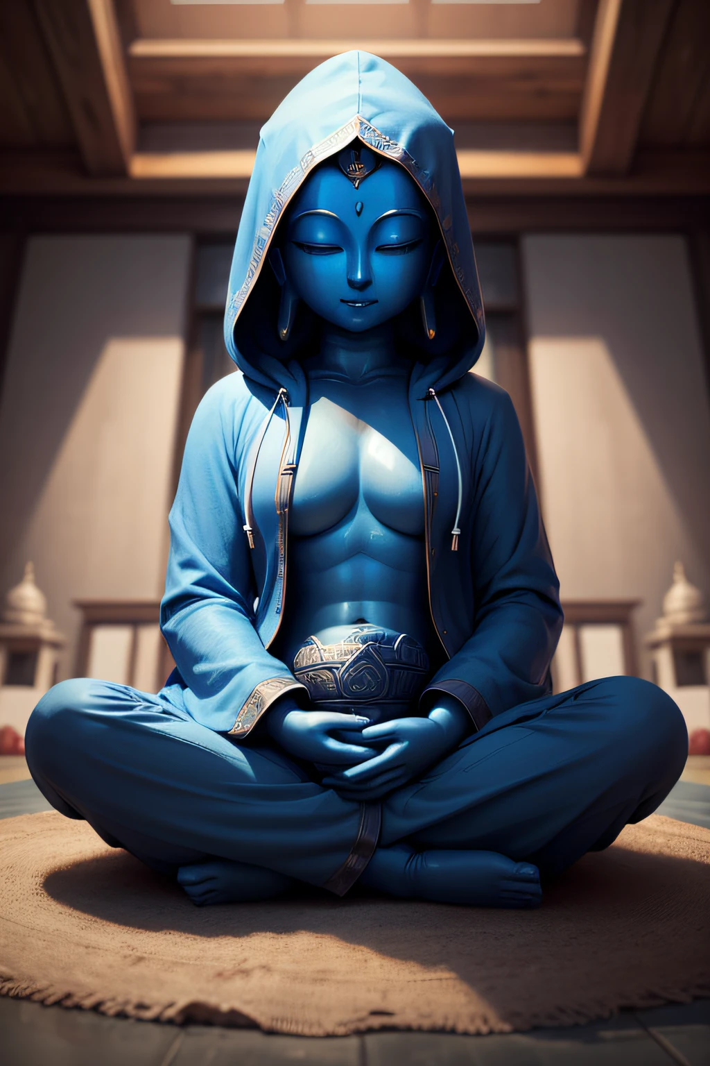 There is a blue Buddha statue facing the front and wearing a hoodie hood,Buddha, the buddha, buddhism, beautiful image,Buddha,Buddha